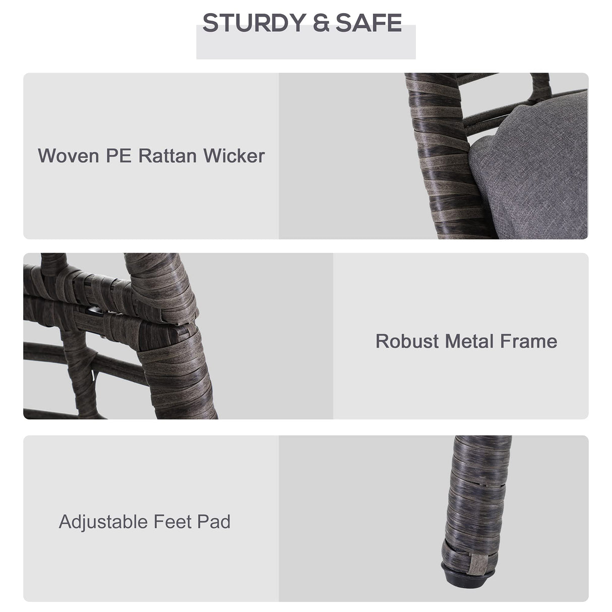 Outsunny Patio Wicker Egg Chair w/Soft Cushion, Teardrop Cuddle Seat, Outdoor/Indoor Patio Chair, PE Plastic Rattan Furniture with Adjustable Height Feet Pads, Gray Outsunny