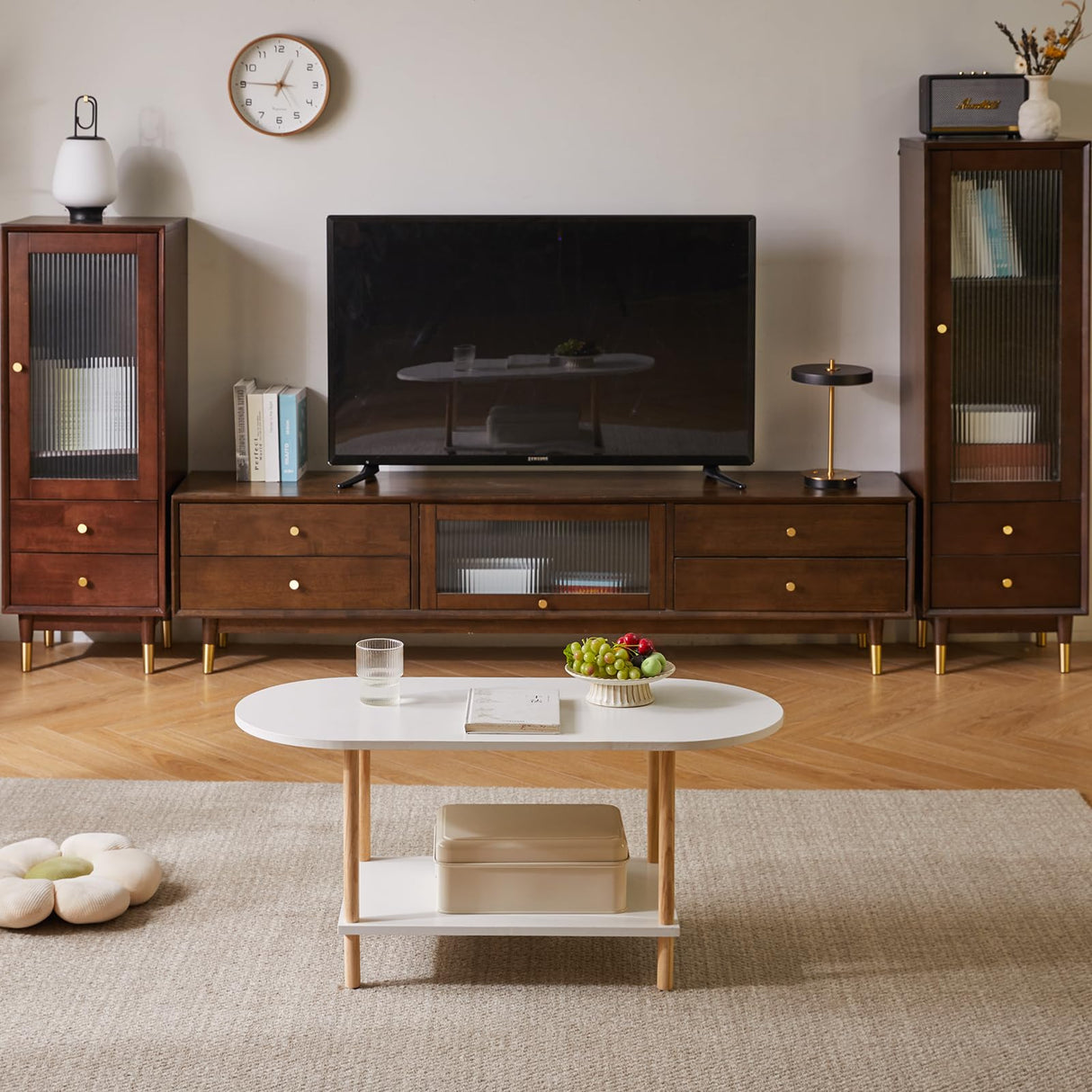 Aibiju Oval Coffee Table White, Small Wooden Coffee Table for Small Space, Tea Table Stand 35 * 16 * 17 inches, 2 Tier Center Table for Living Room White YD-012W Aibiju