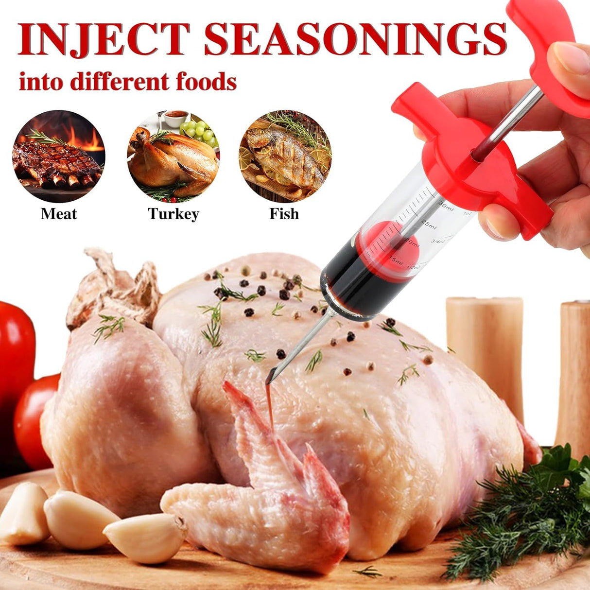 Meat Injector Syringe, 1-oz Plastic Marinade Turkey Injector Kit, 2 Marinade Injector Needles for BBQ Grill by QPMR QPMR