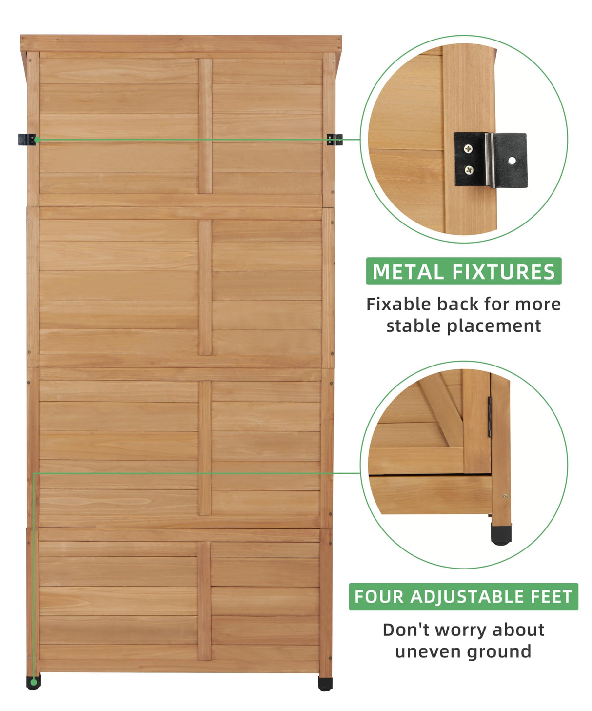 68''x33''x20'' Outdoor Wooden Storage Shed with Metal Top Tall Vertical Tool Cabinet for Backyard Garden Patio Lawn (Gold) Mederlo
