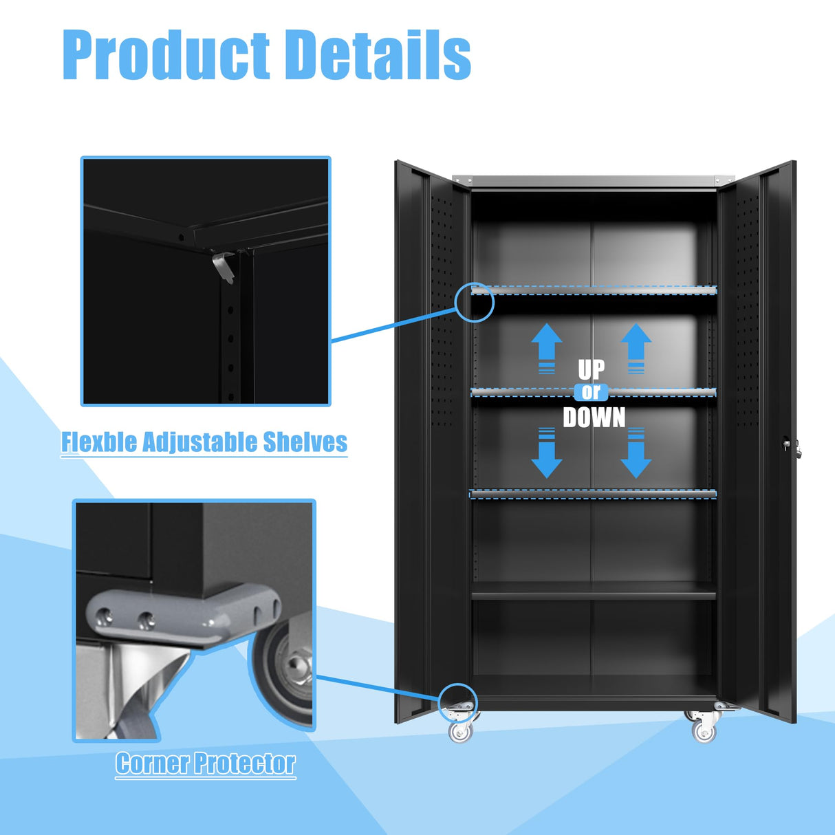 Waqiv 71''H Lockable Metal Garage Storage Cabinet on Wheels, Rolling Metal Storage Cabinet with 4 Adjustable Shelves, Rolling Tool Cabinet for Garage, Basement, Warehouse, Assembly Required Waqiv