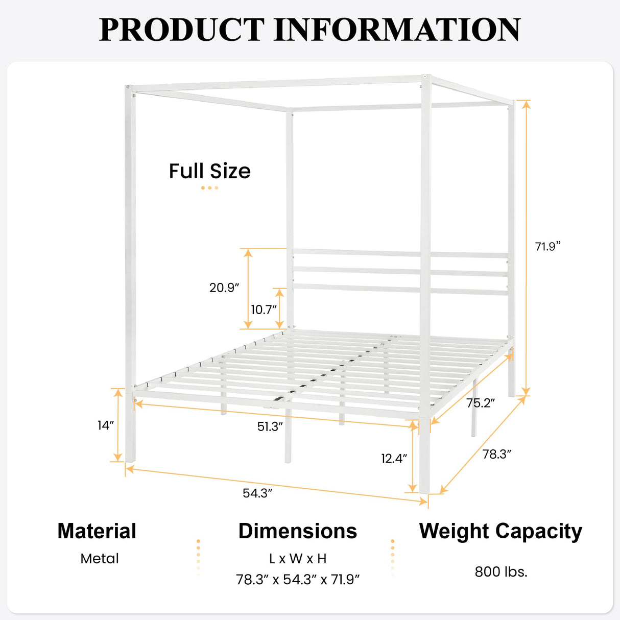 SHA CERLIN Canopy Bed Frame Full Size/Mattress Foundation with Metal Slats Support/No Box Spring Needed/Easy Assembly/White SHA CERLIN