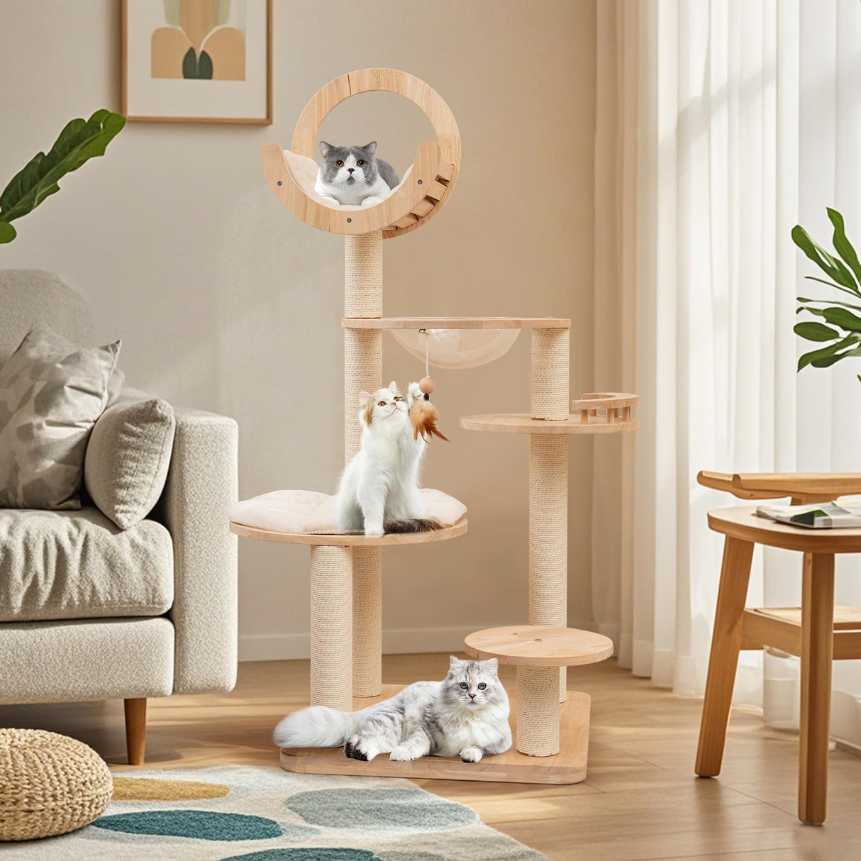 Nightcore 57” Tall Solid Wood Cat Tree for Indoor Cats, Building Block Kitten Tower w/Perch, Scratching Posts, Washable Cushions, 4 Install Options, Multi-Level Cat Activity Center Climbing Furniture WoodArtSupply