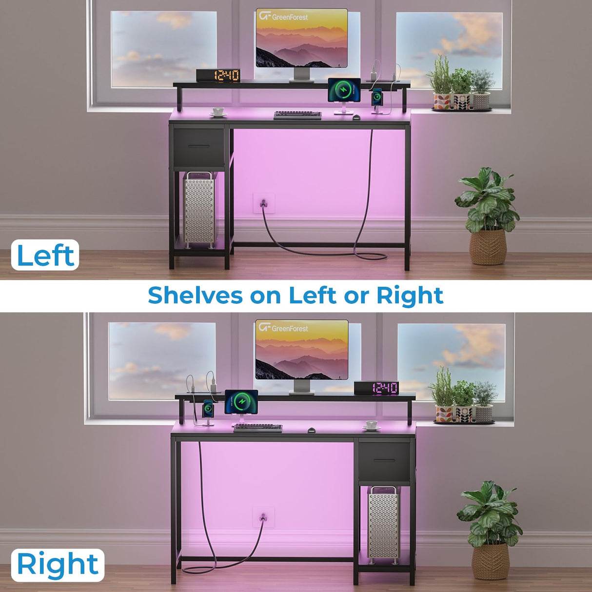 GreenForest Computer Desk with Drawers 39 inch,Gaming Desk with LED Lights & Power Outlets Small Desk with Monitor Stand and Reversible Shelf,Black GreenForest