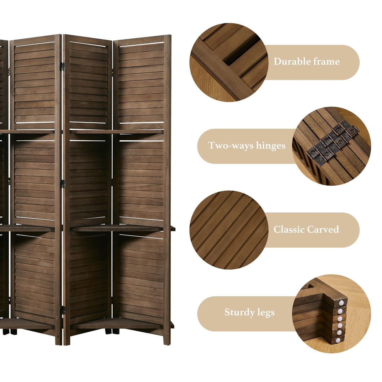 Room Divider with Shelves, 5.6 Ft Tall Folding Wood Screen with Double Hinges for Home Office Bedroom Hotel Decoration (6 Panels, Brown) Svimi