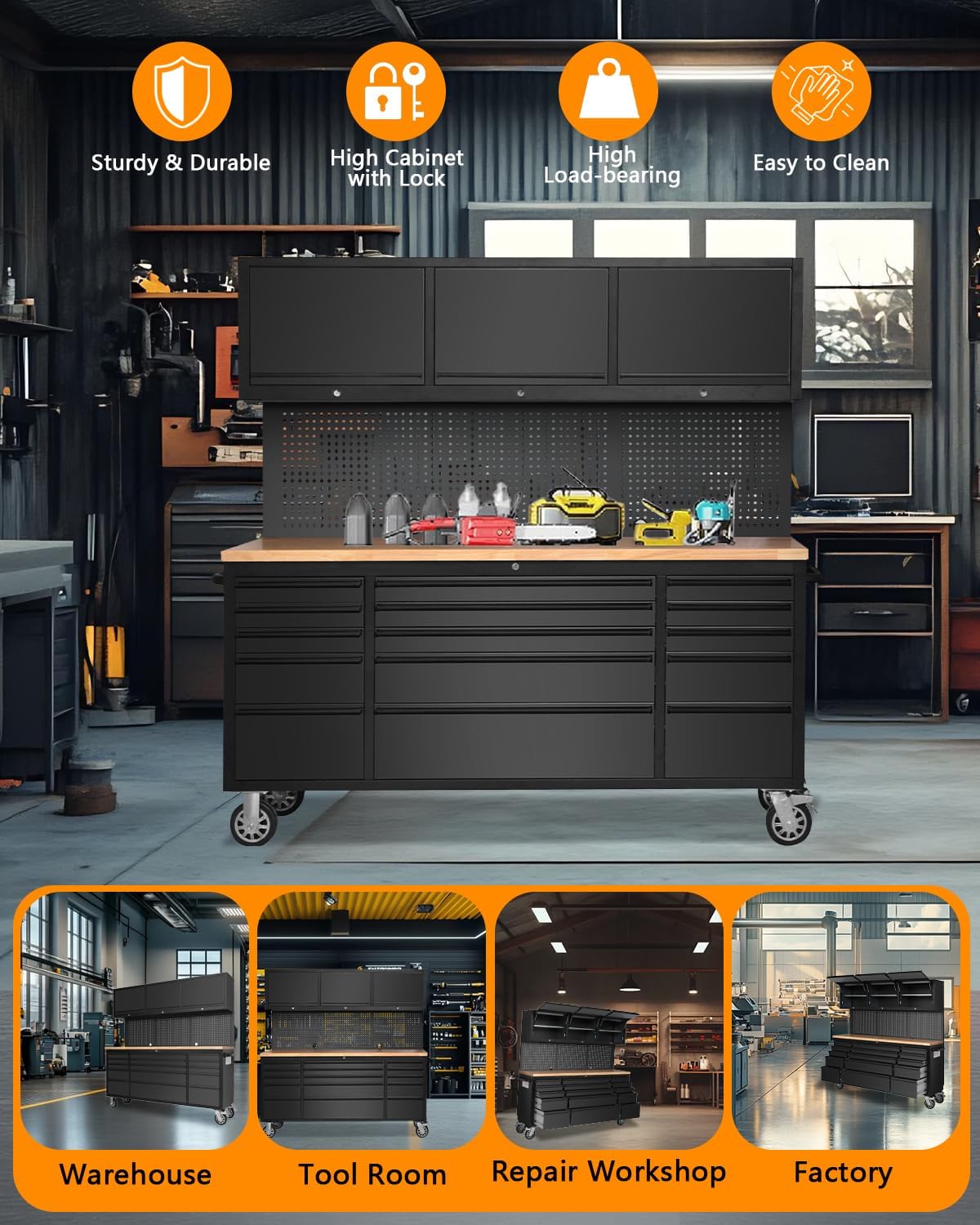 Elementool 72-Inch Heavy-Duty Rolling Garage Workbench with 15 Drawers, 3 Cabinets, Wheels & Pegboard - Steel Frame Tool Chest Storage Solution for Mechanics Workshop Organization, Matte Black Elementool
