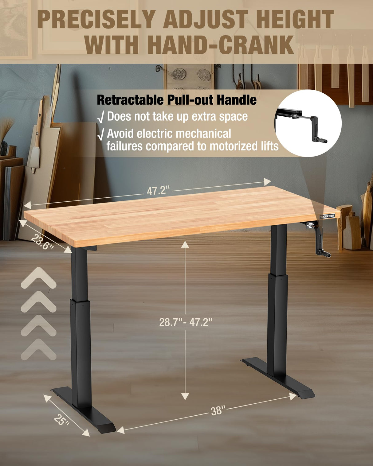 WORKPRO Adjustable Workbench with Crank Handle, 47.2" x 23.6" Rubber Wood Worktable 300LBS Load Capacity,Height-Adjustable Standing Desk for Workshop, Garage WORKPRO