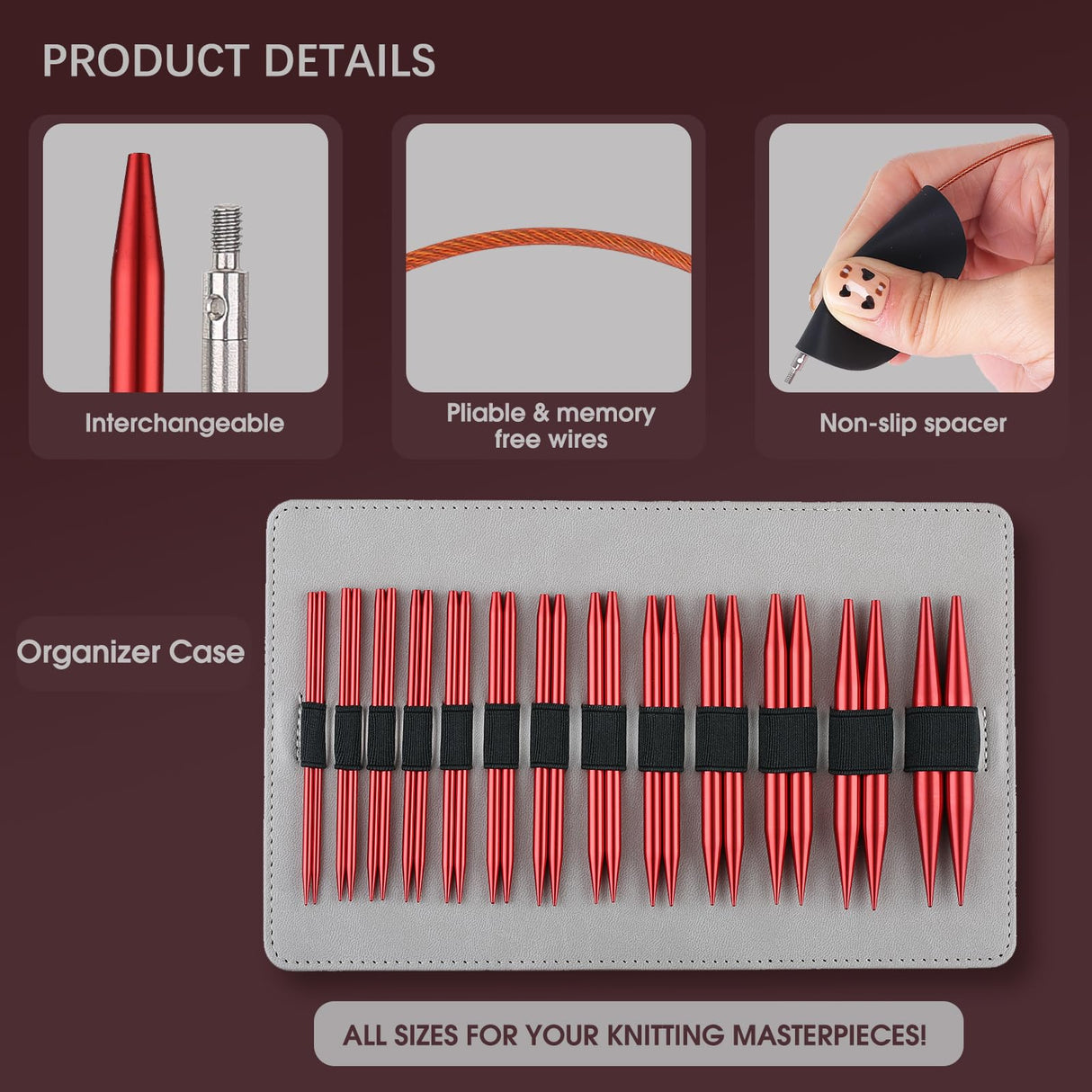 Interchangeable Circular Knitting Needles Set Sizes US 2.5, 3, 4, 5, 6, 7, 8, 9, 10, 10.75, 11, 13, 15 with Cables, Accessories and Case (Rose Red) GUCLUD