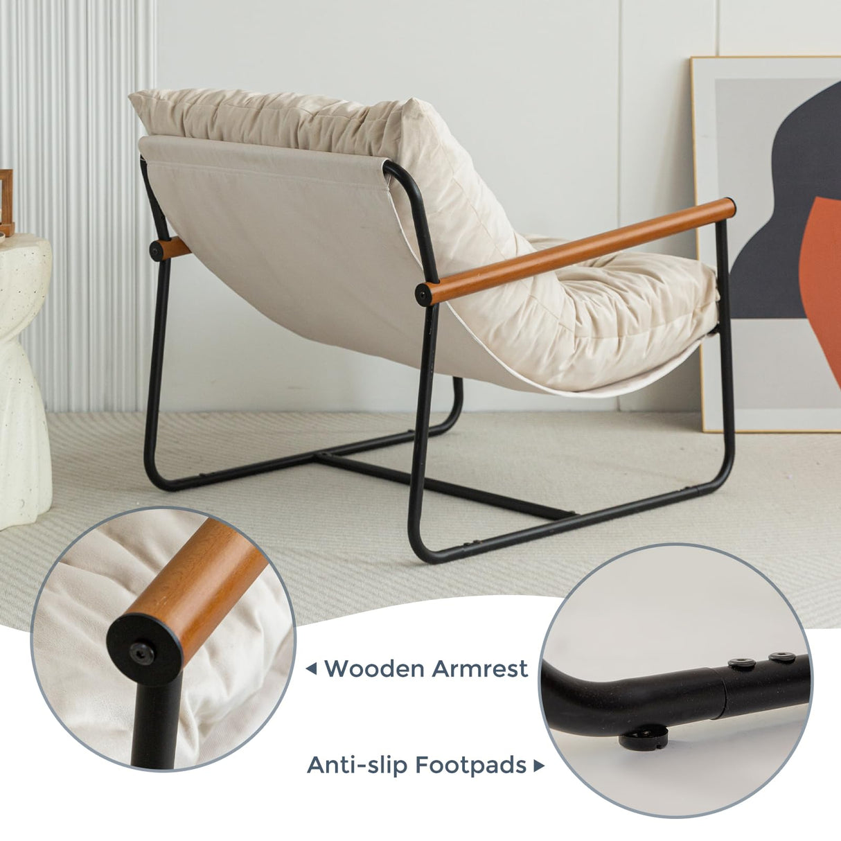 MAXYOYO Accent Chair, Velvet Arm Chair Living Room Chair with Metal Frame, Reading Accent Chair, Modern Bedroom Chair, Boucle Armchair with Wooden Arms, Beige MAXYOYO