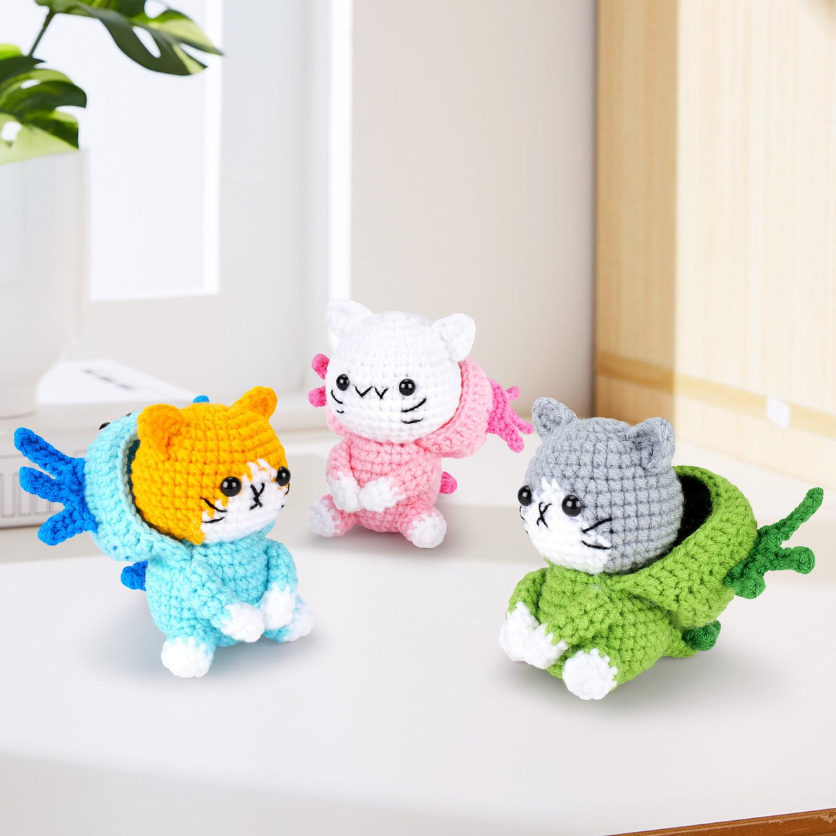 Crochet Kit for Beginners - 3 PCS Axolotl Cat Crochet Kits with Step-by-Step Video Tutorials, Beginner Crochet Kit for Adults, Crochet Cat Dressed as Axolotl Set (Blue & Green & Pink) Fortuning's JDS