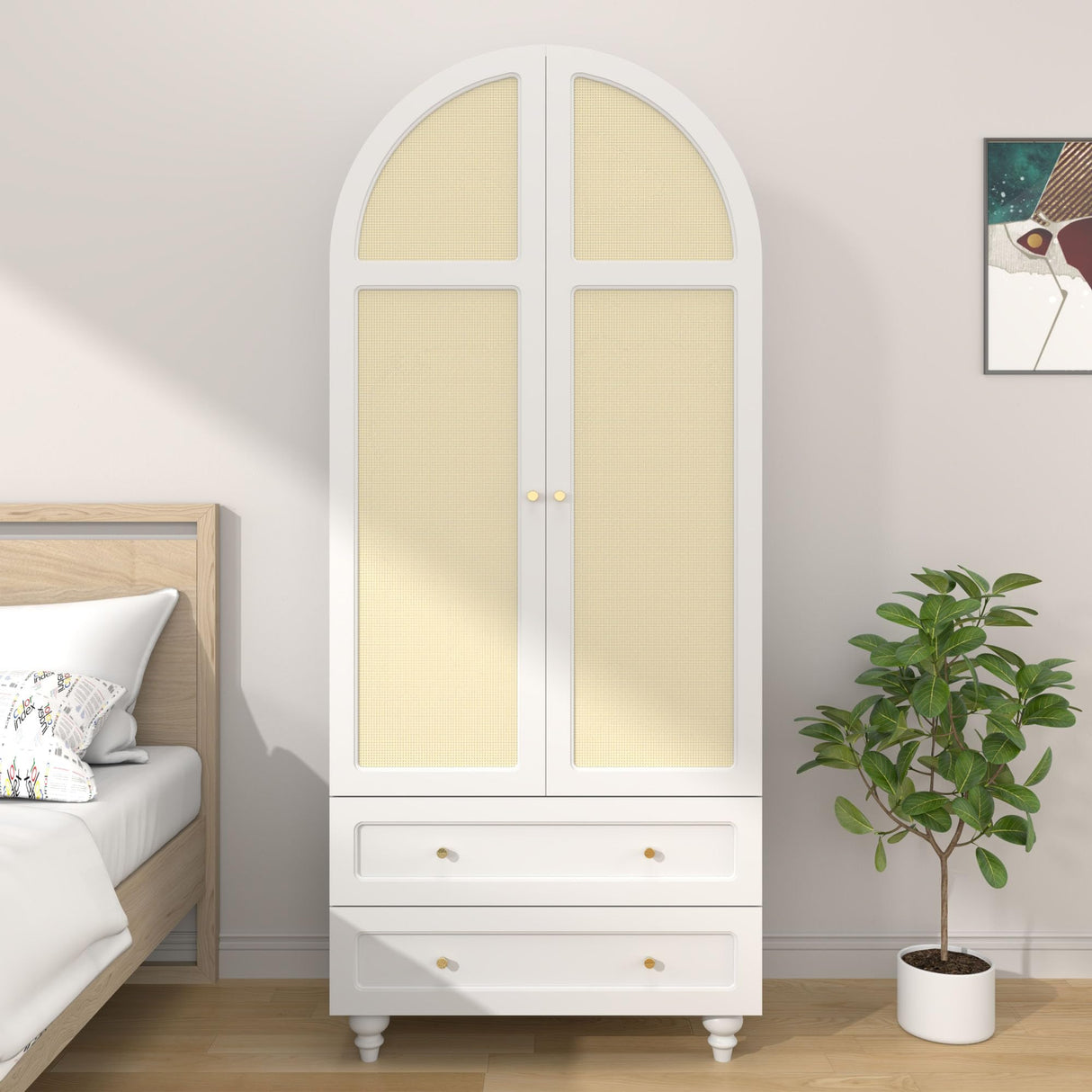 YUCHIATH Arched Armoire Wardrobe Closet with 2 Rattan Doors, Wooden Wardrobe Closet with 2 Drawers, 74.8 "H Bedroom Armoires with Hanging Rod (White) YUCHIATH