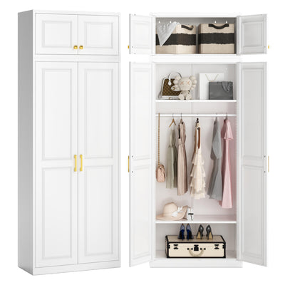 Metal Armoire Wardrobe Closet with Hanging Rod, 86" Tall Metal Clothing Storage Cabinet, White Armoire with Adjustable Shelves