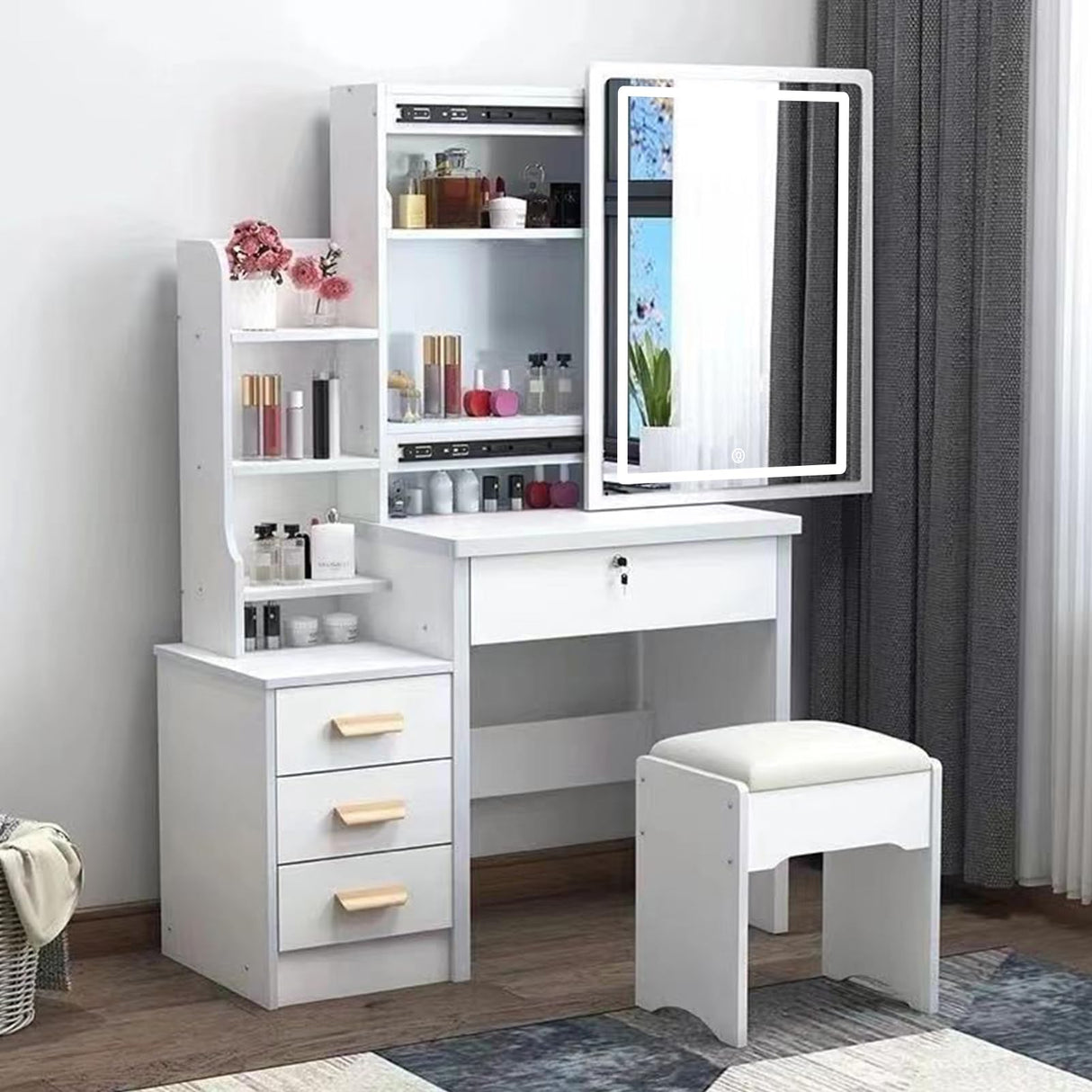 cdar Makeup Vanity Desk with Mirror and Lights, 3 Colour Light Modes Bedroom Dressing Table wih Drawers Shelves Chair Wooden Handles and a Lock Easy cdar