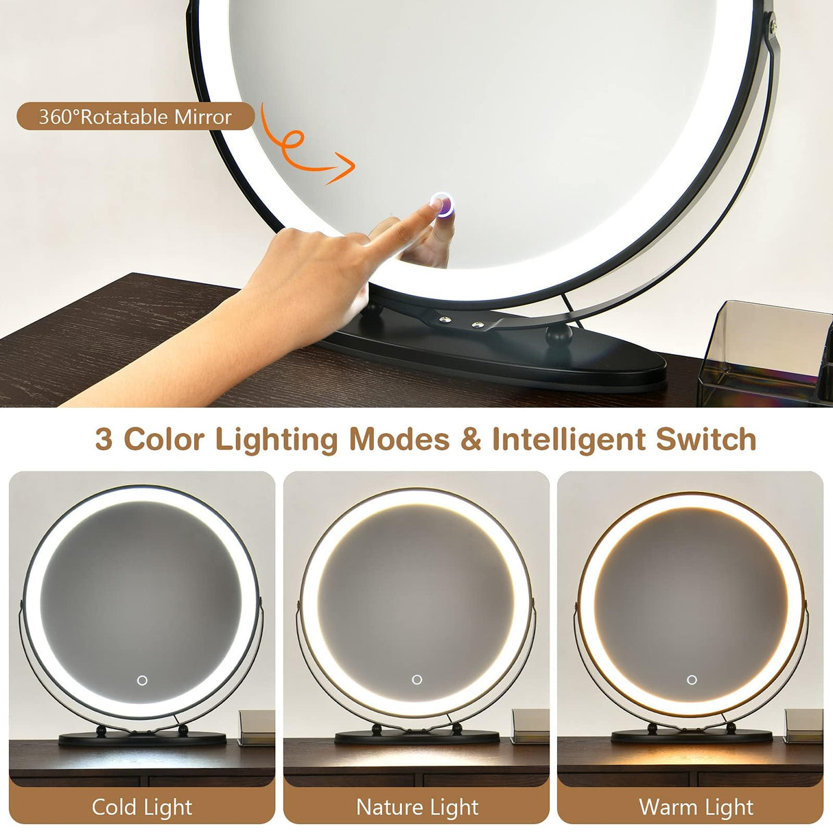 Byroce Vanity Desk w/Lights & Mirror, Makeup Vanity Set w/ 4 Large Drawers & Jewelries Organizer, 3 Color Light Options, Industrial Dressing Table & Stool (Espresso) WoodArtSupply