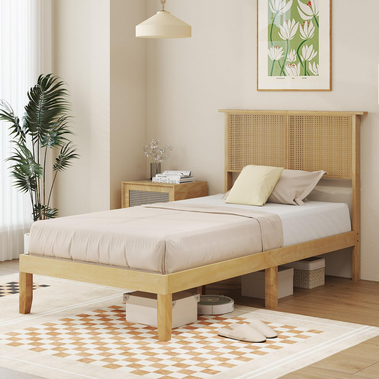 KOMFOTT Twin Size Wood Platform Bed Frame with Rattan Headboard, Boho Rubber Wood Bed Frame with Plywood Slats & Under-Bed Storage, Platform Bed Frame, Mattress Foundation, No Box Spring Needed KOMFOTT