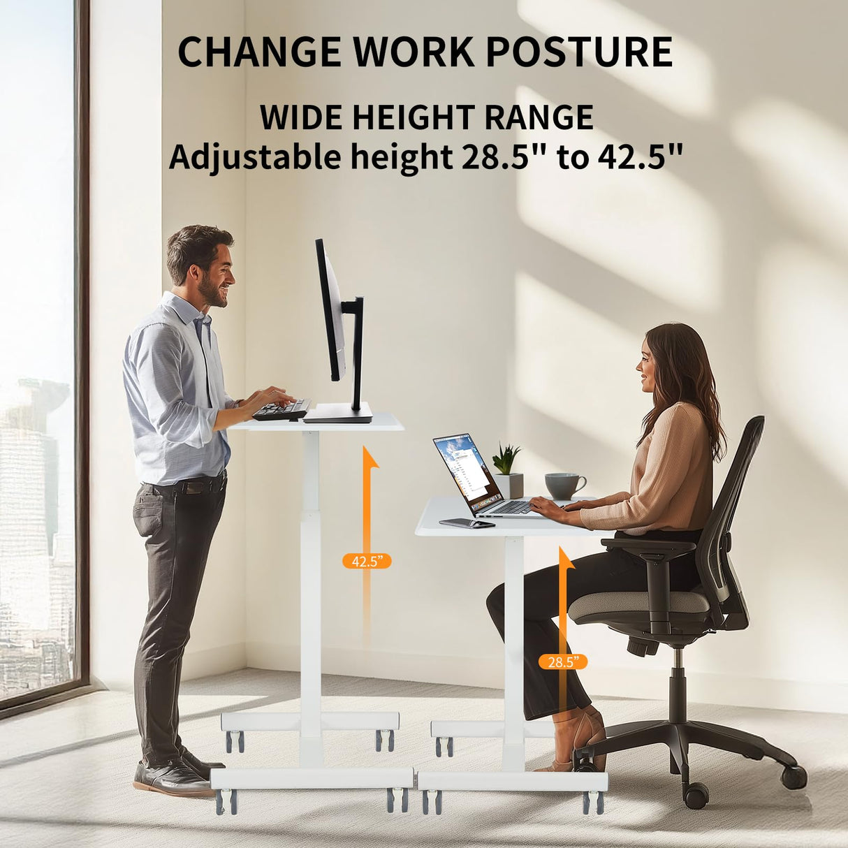 YSSOA Mobile Small Standing Desk - Rolling Desk with Adjustable Height and Lockable Wheels, Sit-Stand Laptop Table, Portable Computer Workstation, Cream White YSSOA