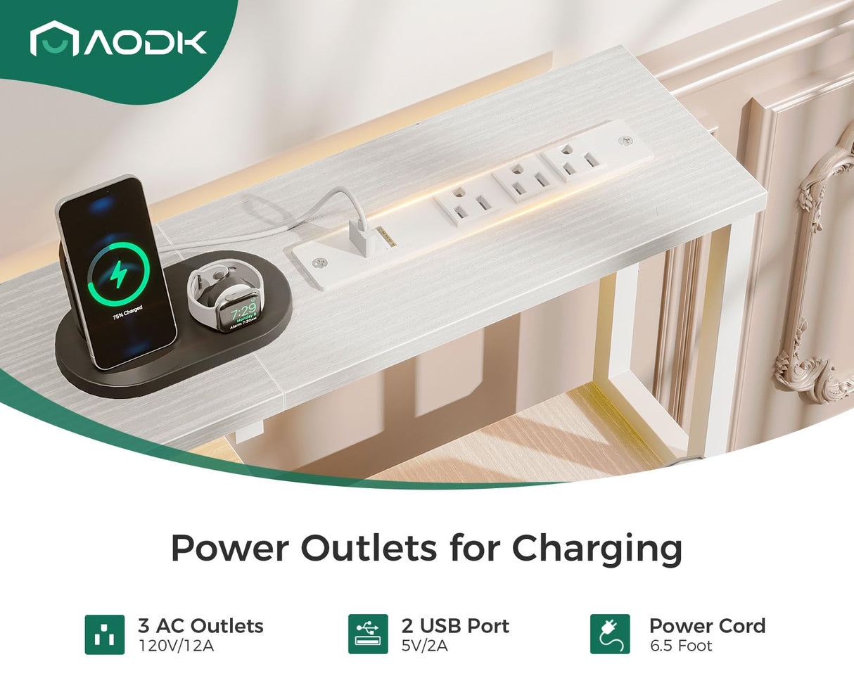 AODK 63" Computer Desk with Fabric File Cabinet and Drawer, Reversible Office Desk with Power Outlet and LED Light, Study Desk with Printer Stand, Keyboard Tray, Full Monitor Riser and PC Stand, White AODK