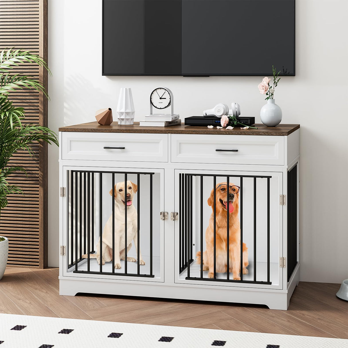Dog Crate Furniture 47" Wooden Dog Kennels for Dogs Indoor with a Removable Divider for Large/Medium/Small Dogs, 2 Storage Drawers and Large Tabletop Dog Cages Double Doors Dog House, White TTVIEW