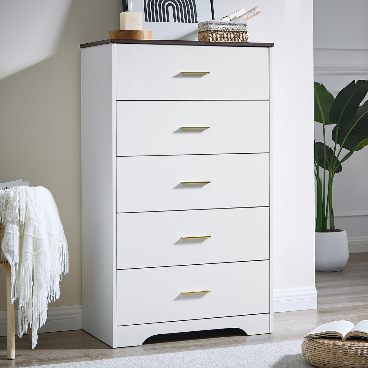 LIDYUK Dresser for Bedroom, Wood Dresser with 5 Drawers, Modern Minimalist Dressers & Chests of Drawers, 47 Inches Tall Chest of Drawers for Bedroom, Hallway, Living Room, White LIDYUK