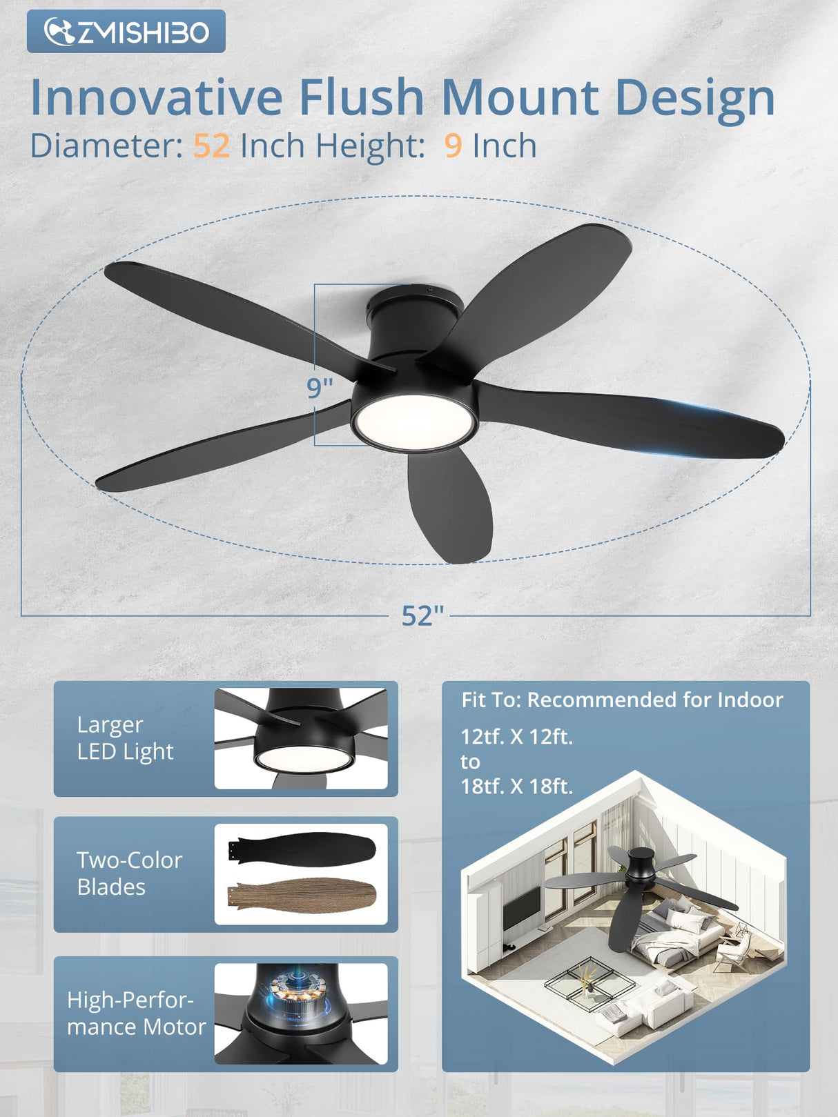 ZMISHIBO 52 Inch Ceiling Fans with Lights, Flush Mount Low Profile Ceiling Fan with Remote, Reversible, 3CCT, Noiseless, LED Ceiling Fan Lighting Fixture for Bedroom, Kitchen, Indoor-Black ZMISHIBO