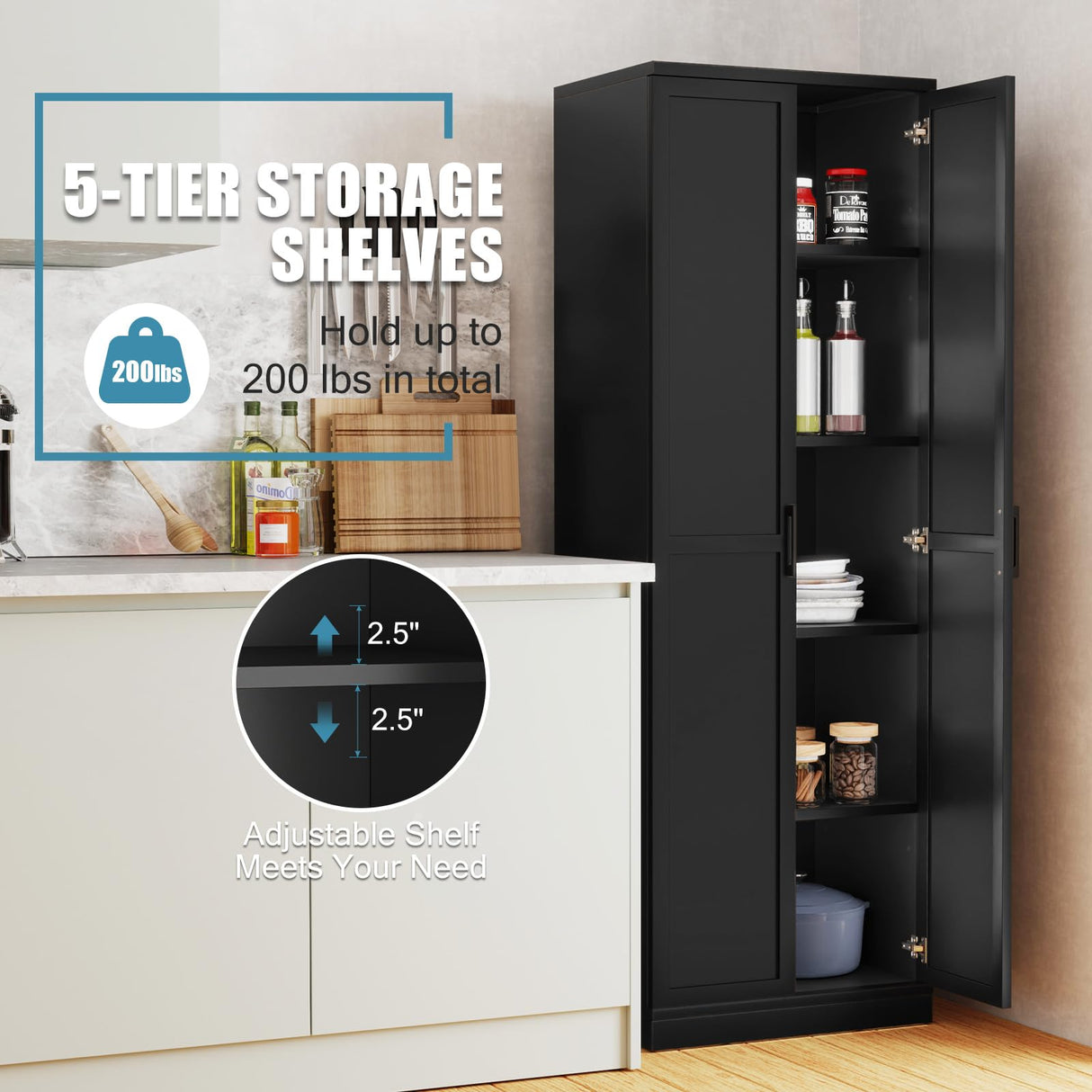 Giantex 70" Tall Wooden Storage Cabinet with 2 Doors and 5 Adjustable Shelves, Freestanding Collection Food Kitchen Pantry Cabinet Cupboard for Kitchen Bedroom Laundry Garage (Black) Giantex