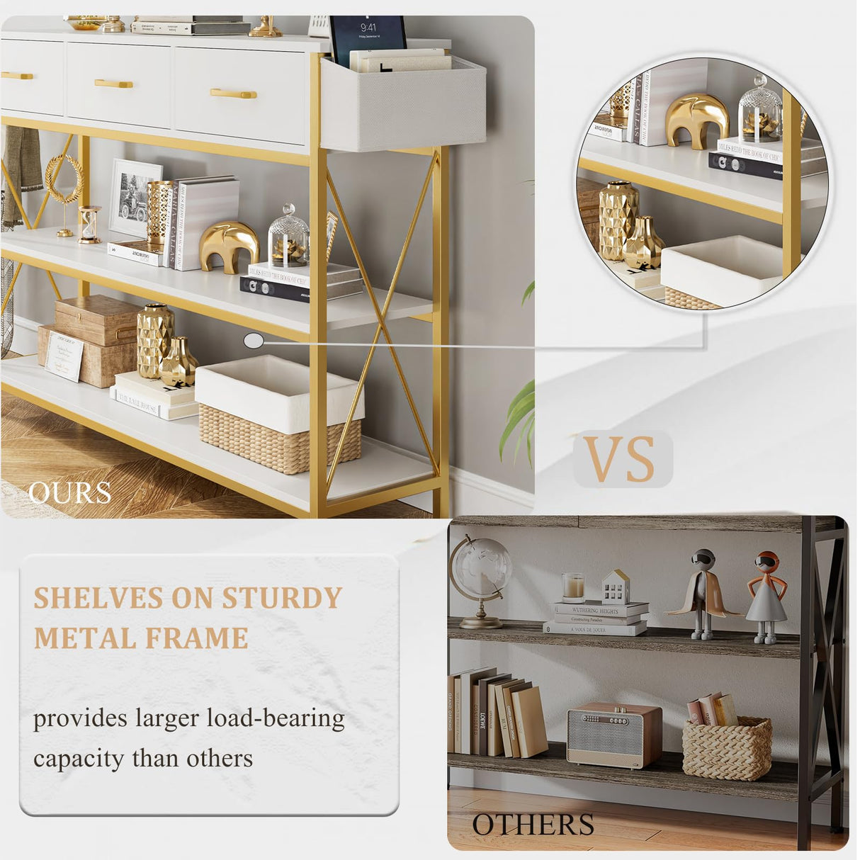 HITHOS Industrial Console Table with Drawers, Vintage Hallway Foyer Table with Storage Shelves, Narrow Long Sofa Entryway Table for Living Room, White/Gold HITHOS