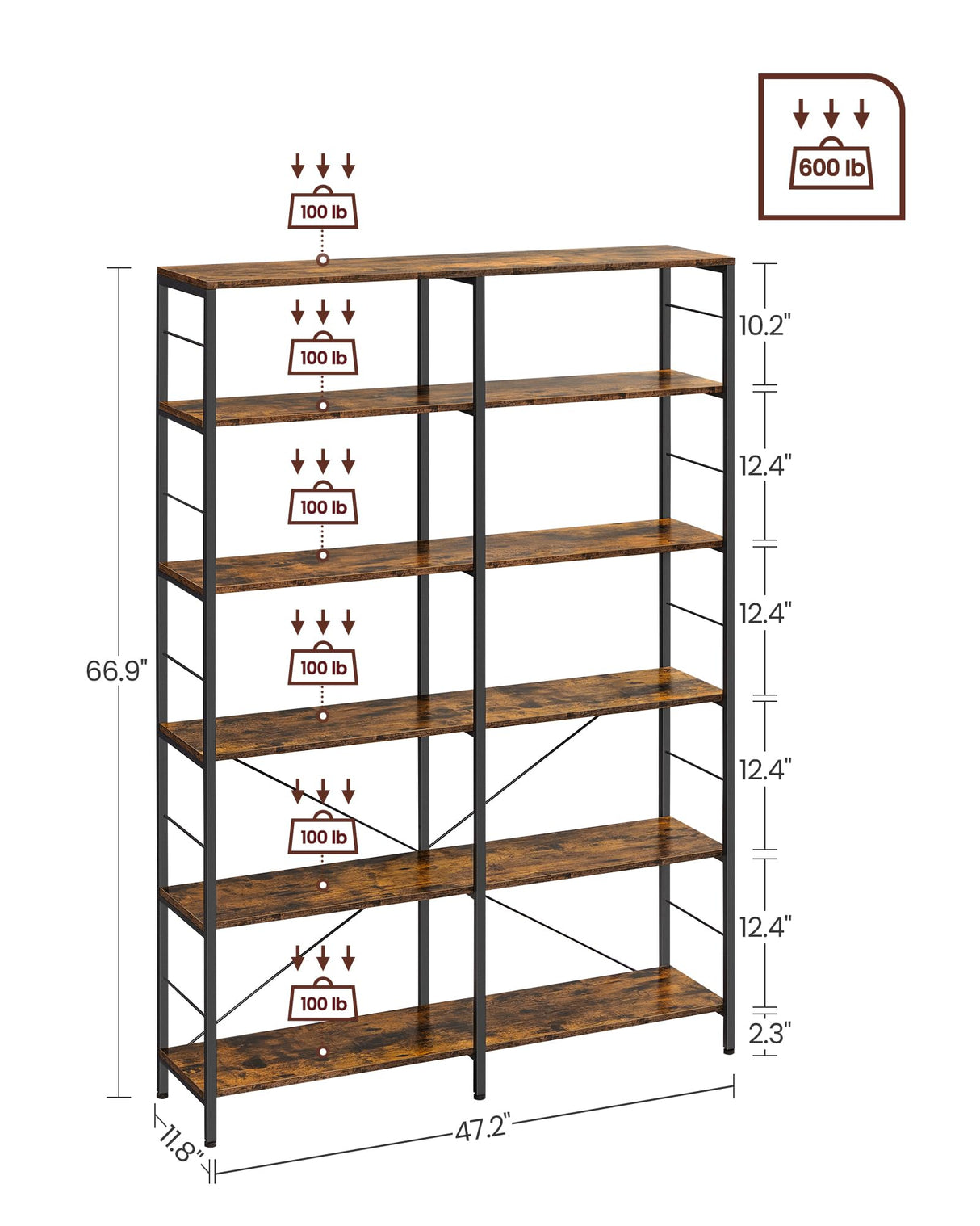 VASAGLE 6-Tier Tall Bookshelf, Bookcase, Large Metal Shelf, 11.8 x 47.2 x 67.9 Inches, for Living Room, Kitchen, Pantry, Study, Home Office, Rustic Brown and Black ULLS114B01 VASAGLE