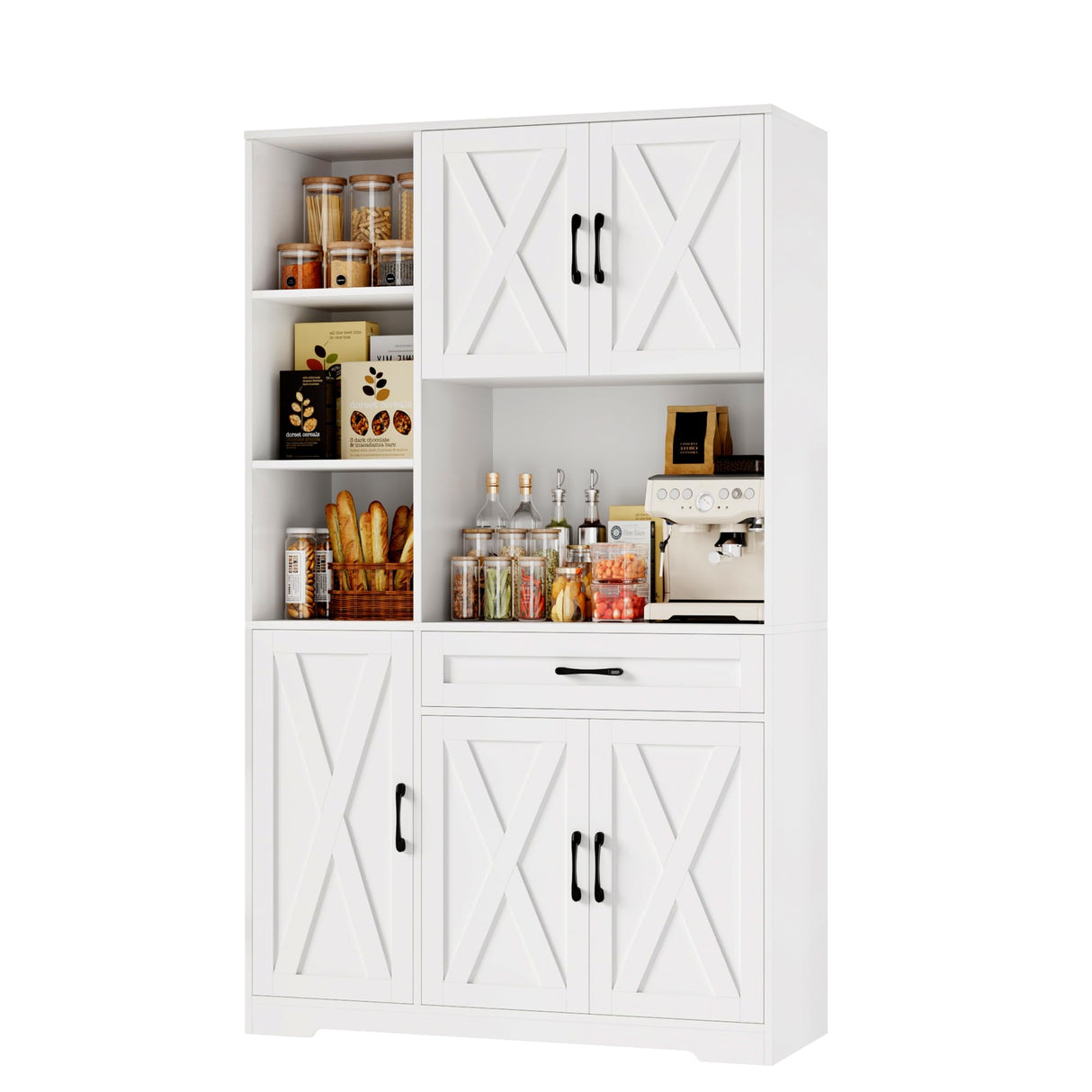 HOSTACK 71" Tall Kitchen Pantry Storage Cabinet, Farmhouse Food Pantry Cabinet with Microwave Stand, Barn Doors Kitchen Hutch Cabinet with Large Drawer and Shelves for Dining Room HOSTACK