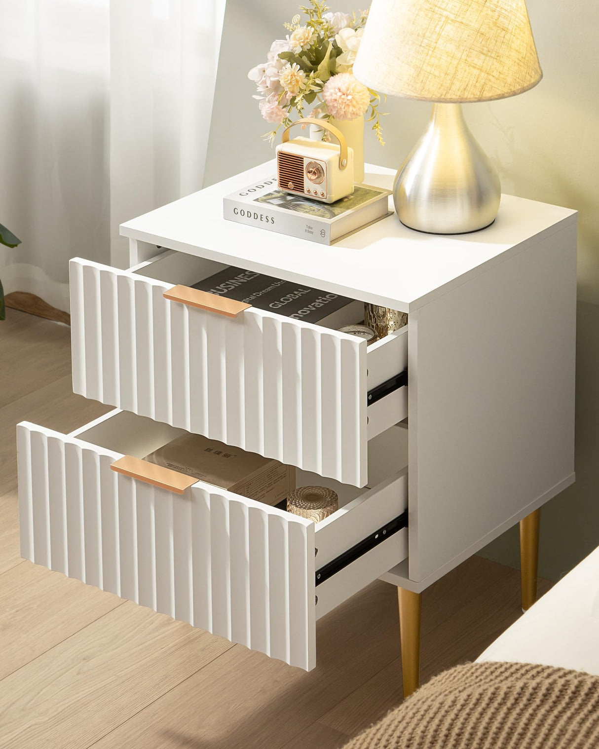 SICOTAS White Night Stand Set 2, Wide Fluted Nightstand with 2 Drawers, Modern Glossy Storage Bedside Table for Bedroom, End Side Table with Golden Metal Legs and Handles(2, White) SICOTAS