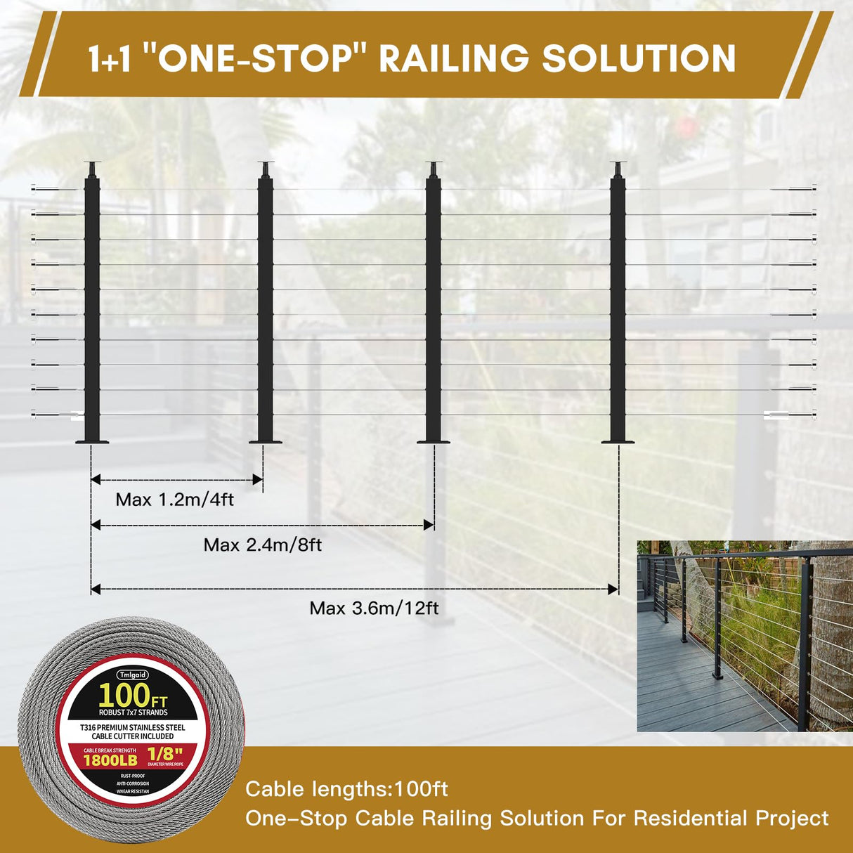 Rayzi 42" 2Pack Cable Railing Post, Stainless Steel Level Line Handrail Post with 100ft 1/8" Stainless Steel Cable and Wire Pliers DIY Kit (No Handrail), Black Rayzi