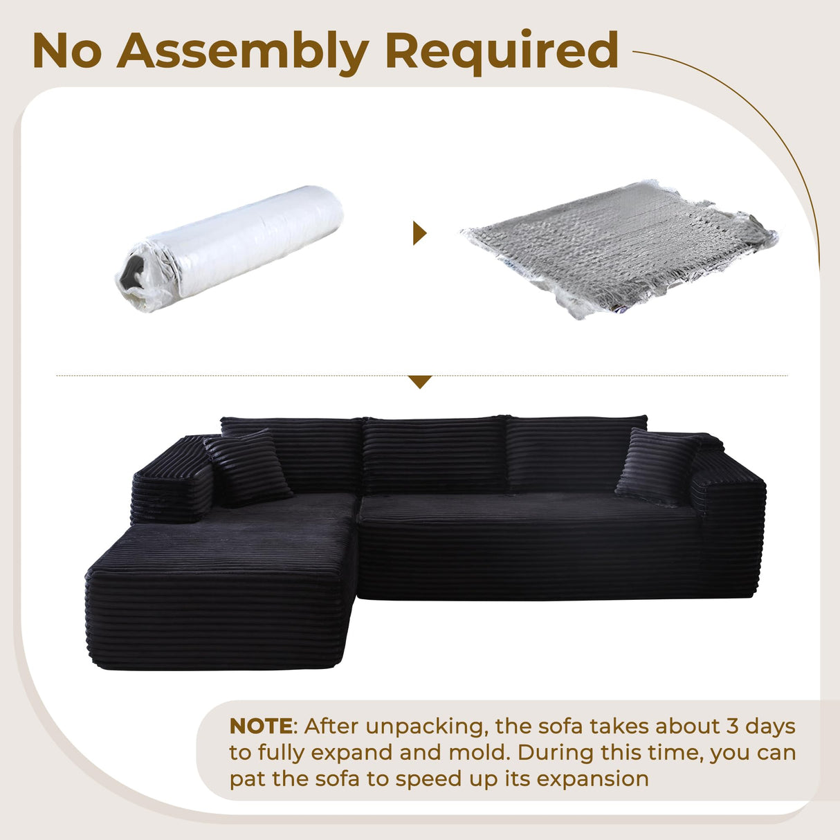 POUUIN 104" L-Shape Modular Sectional Sofa Couch - Comfy Upholstered Cloud Couch for Living Room - Modern Minimalist Couch,Deep Seat,No Assembly Required (Black,Plush Corduroy, Left Facing Chaise) POUUIN