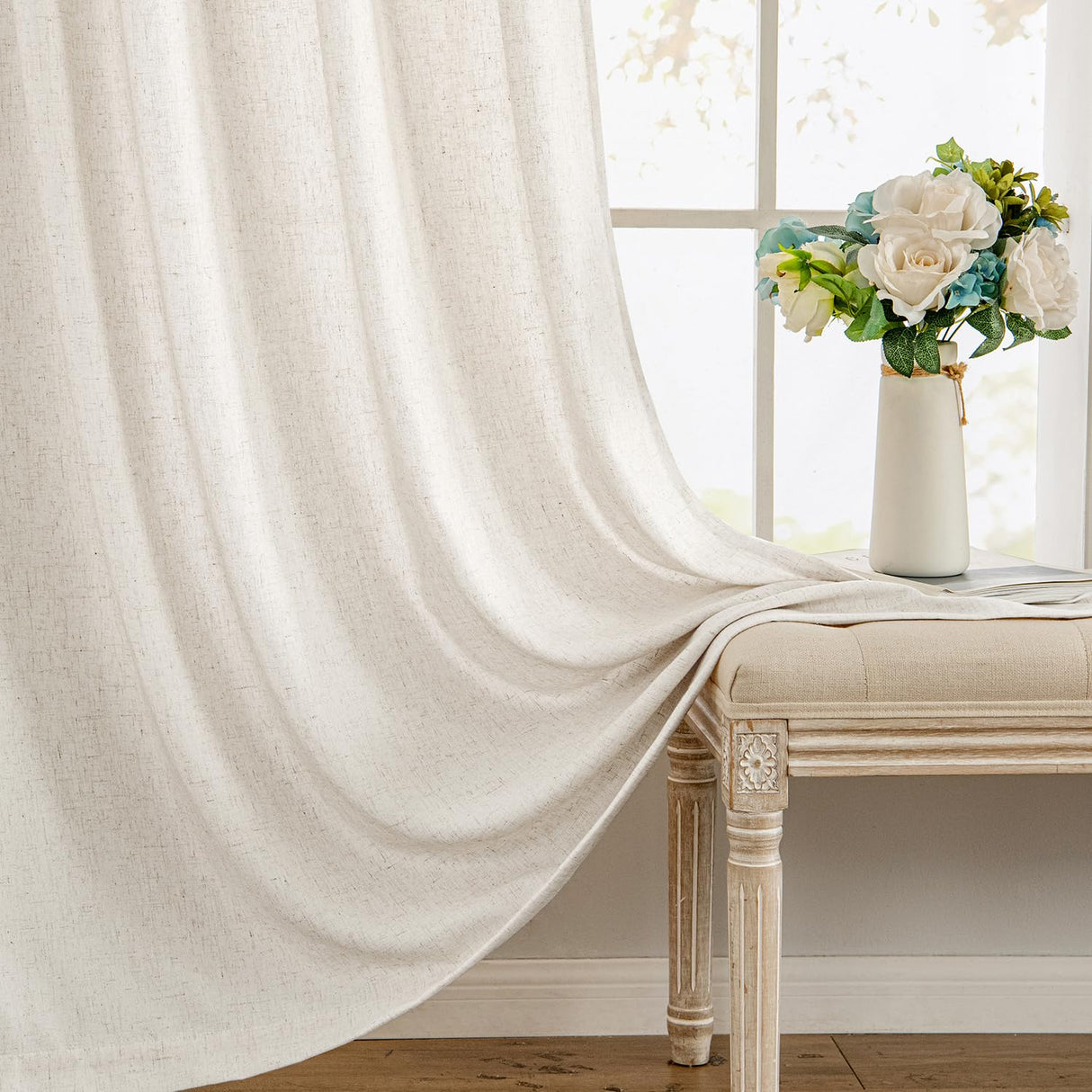 MIULEE Non-See-Through Privacy Linen Curtains 2 Panels, Light Filtering Window Curtains Farmhouse Textured Back Tab Semi Sheer Drapes for Bedroom Living Room, 52 x 84 Inches Long, Natural White MIULEE