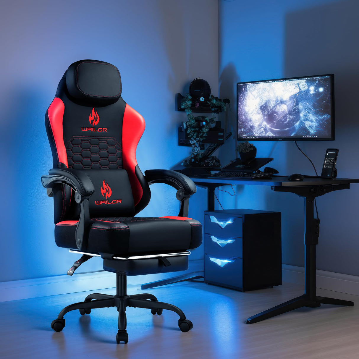 Gaming Chair with Massage and Packet Spring Cushion,Ergonomic Gamer Chairs for Adults with Footrest 300lbs,High Back Gamer Leather Chair with Headrest and Lumbar Support WAILOR
