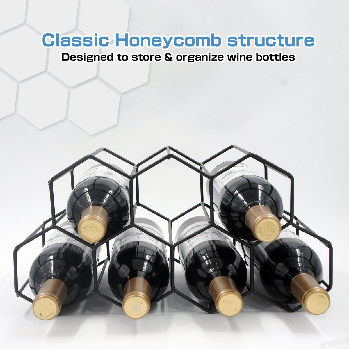 Buruis 9-Bottle Countertop Wine Rack, Honeycomb Standing Metal Wine Holder, Organizer, Red & White Wines Rack, Home Kitchen Bar Essentials (Black) Buruis