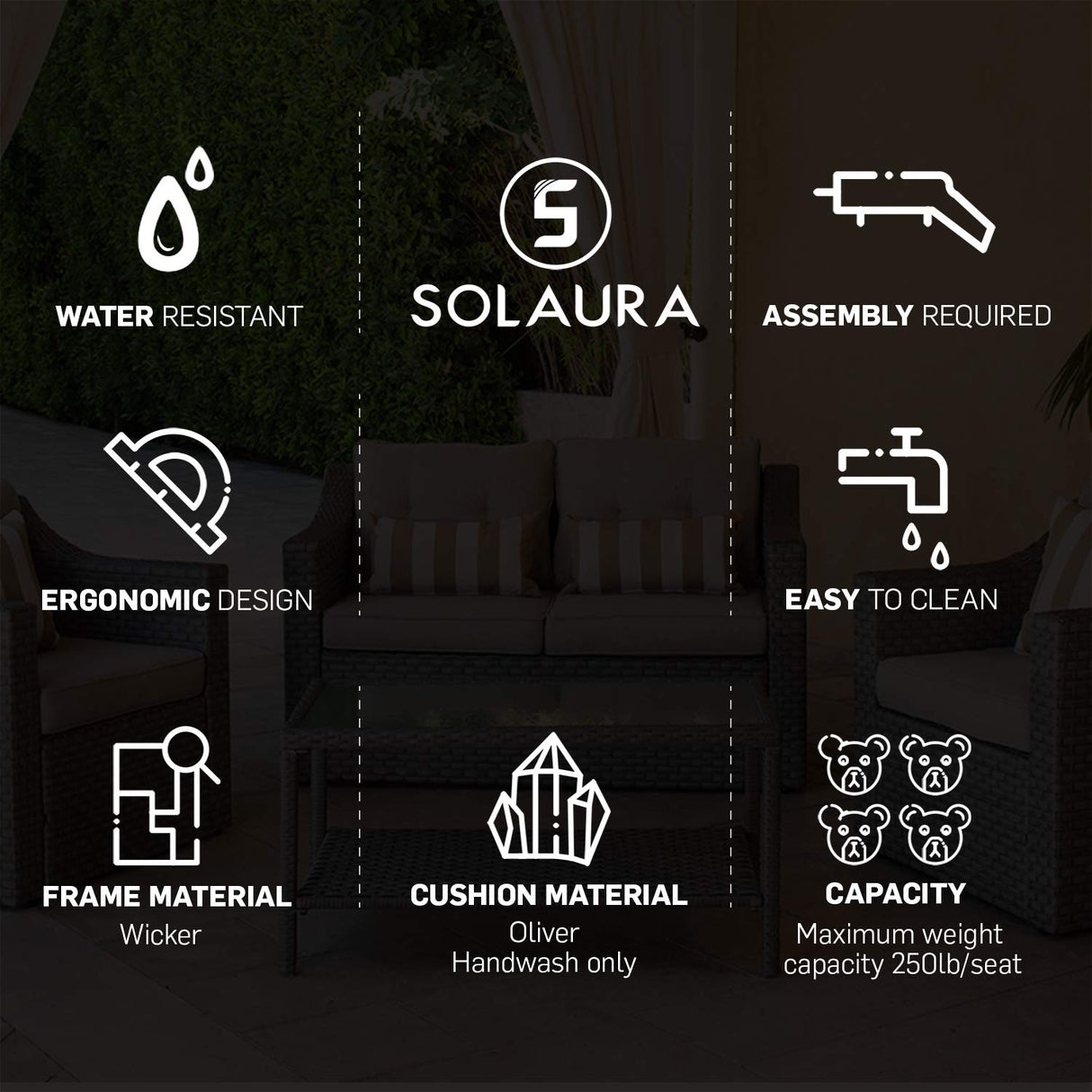 SOLAURA Outdoor Patio Furniture Set 7-Piece Brown Wicker Conversation Furniture Set Patio Lounge Chairs with Ottoman & Loveseat with Glass Coffee Table (Pillow Included) SOLAURA