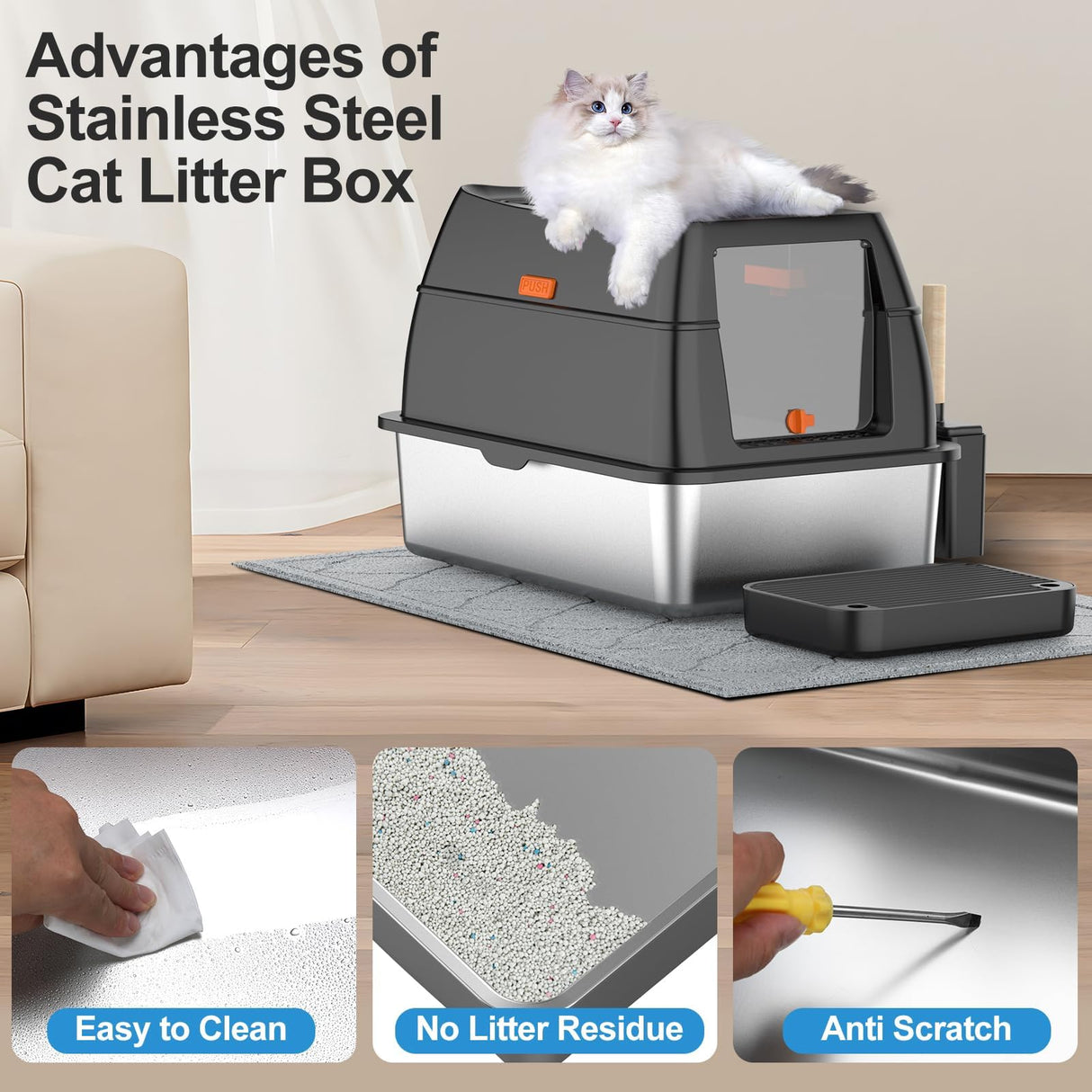 Stainless Steel Litter Box with Lid,Front Entry Top Exit Kitty LitterBox,Extra Large Enclosed Metal Cat Box with Litter Scoop & Litter Mat-Black Lobeve
