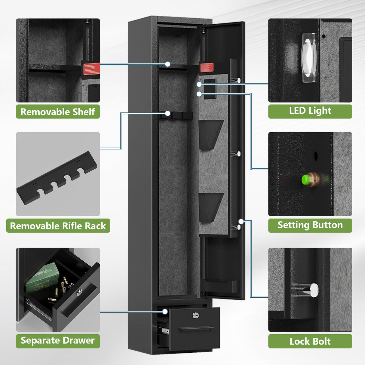 SAPITAL 4 Gun Safe,Gun Safe for Rifles and Pistols,Gun Cabinet for Rifles and Shotguns with Drawer,Electronic Rifle Safe,Gun Safes & Cabinets with LED Light, Removable Shelf and Gun Rack (4-gun safe) SAPITAL