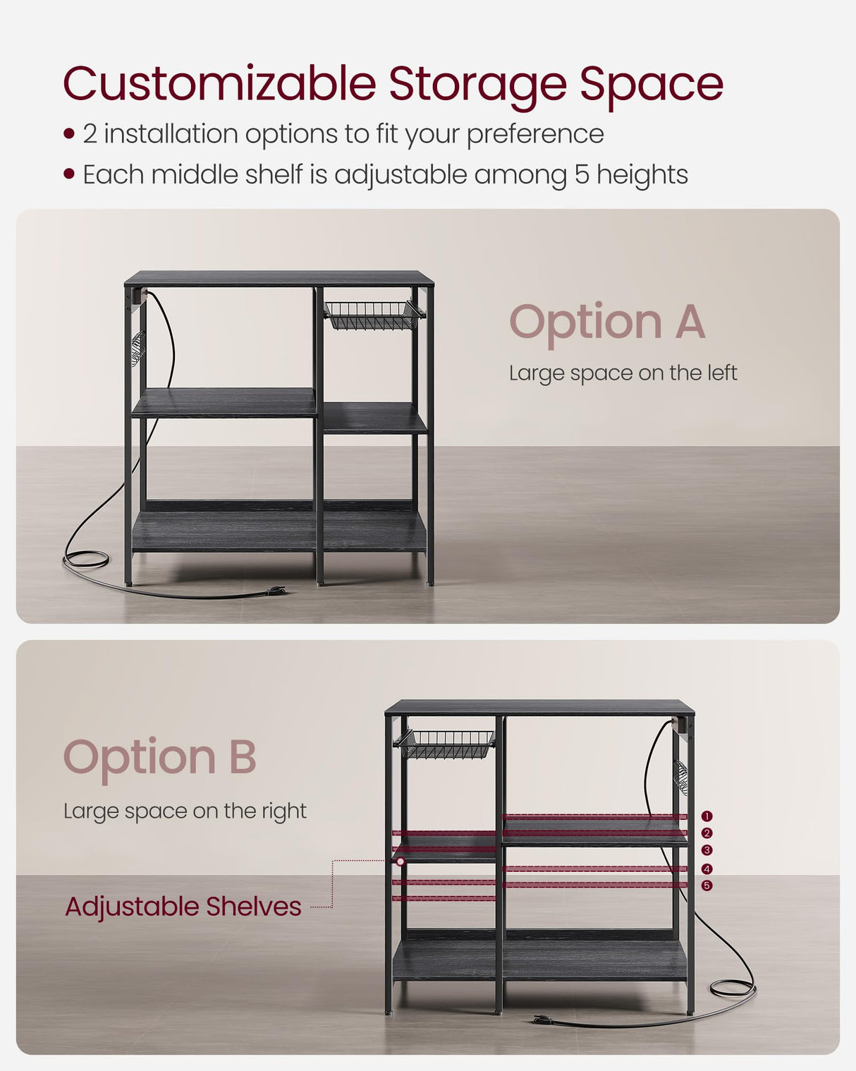 VASAGLE Baker's Rack, Coffee Bar Stand with Charging Station, Storage Shelves, Pull-Out Wire Basket, Table for Microwave, Kitchen, Charcoal Gray UKKS036B22, 15.7 x 35.4 x 35.6 Inches VASAGLE