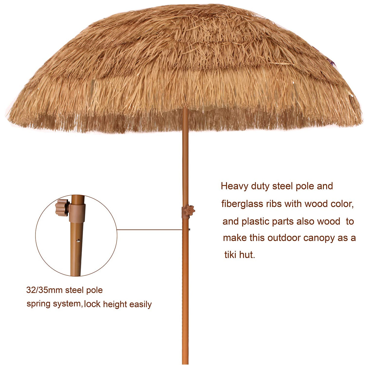 AMMSUN 7.5ft Hula Thatched Tiki Patio Beach Umbrella Hawaiian Style 10 Ribs UPF 50+ with Tilt Carry Bag for Outdoor Tiki Bar, Tropical Palapa, Patio Garden Beach Pool Backyard Natural Color AMMSUN