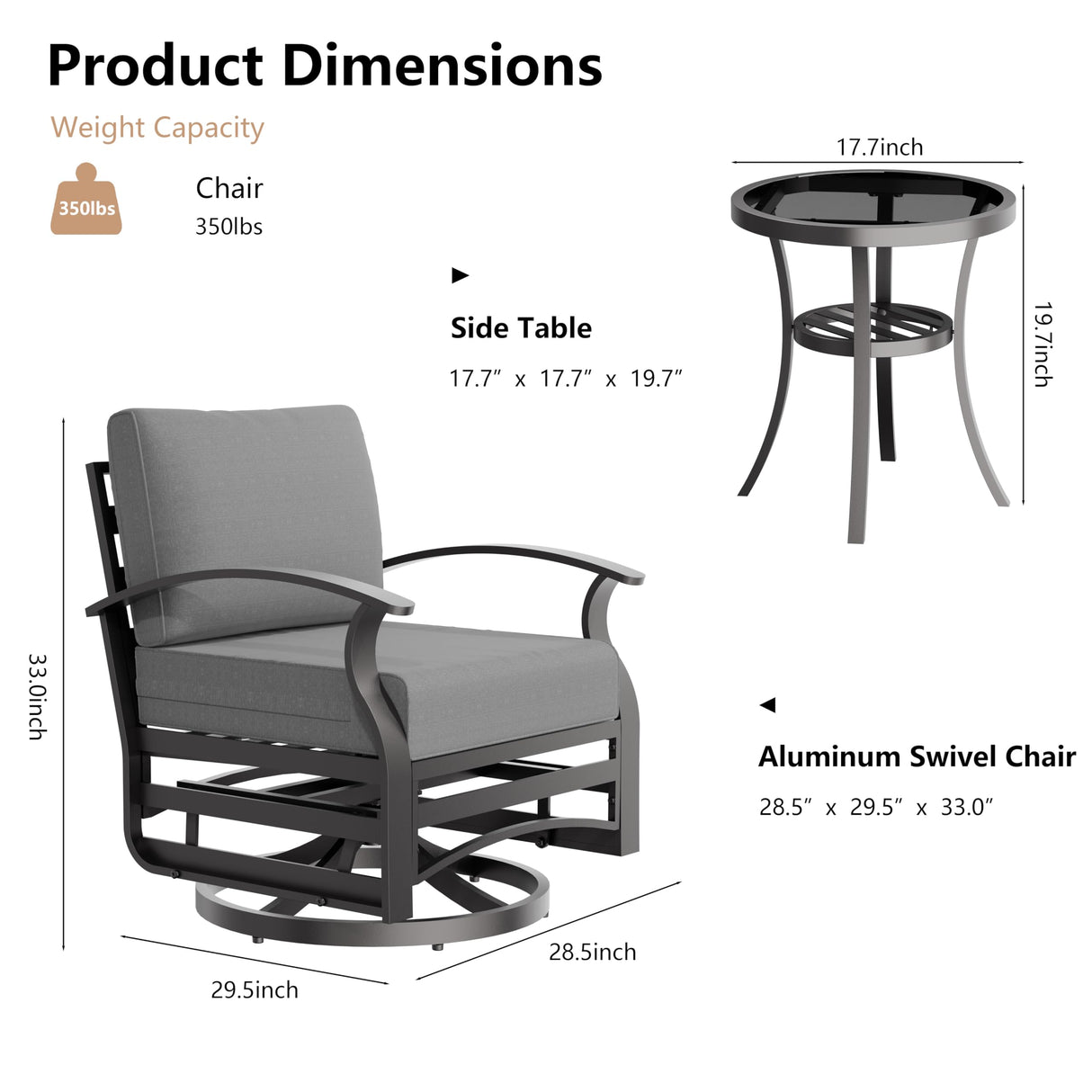 RTDTD 3 Piece Aluminum Swivel Rocking Chair Set, Outdoor Patio Swivel Gliders Chair with Glass Top Coffee Table, Conversation Furniture Set Suitable for Patio, Lawn, Outdoor, Back Garden(Gray) RTDTD