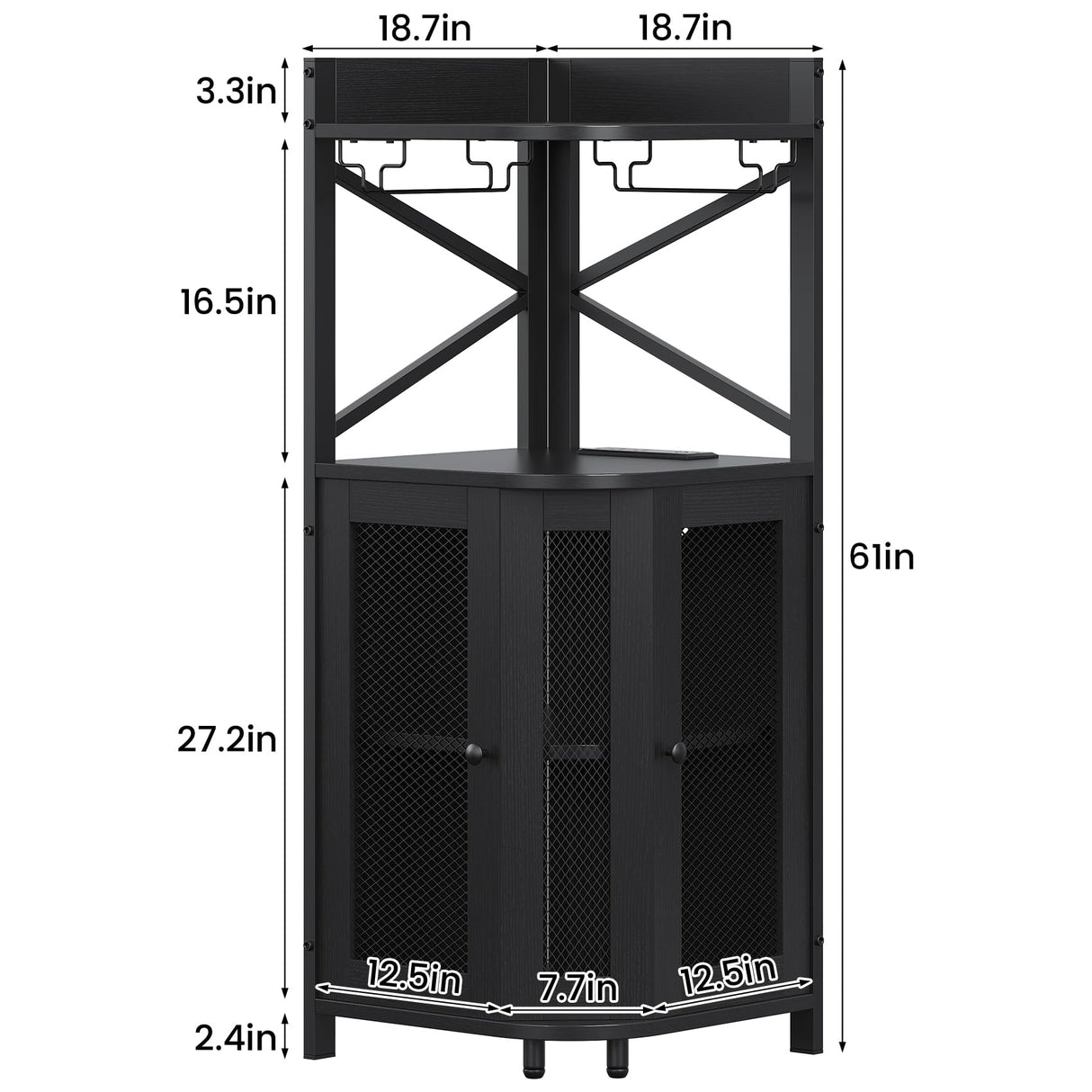 Lafnest Corner Bar Cabinet with Power Outlet and LED Light, Industrial Wine Cabinet with Glass Holder, 4-Tier Liquor Cabinet for Home, Farmhouse Home Bar for Liquor and Wine Storage, Black Lafnest