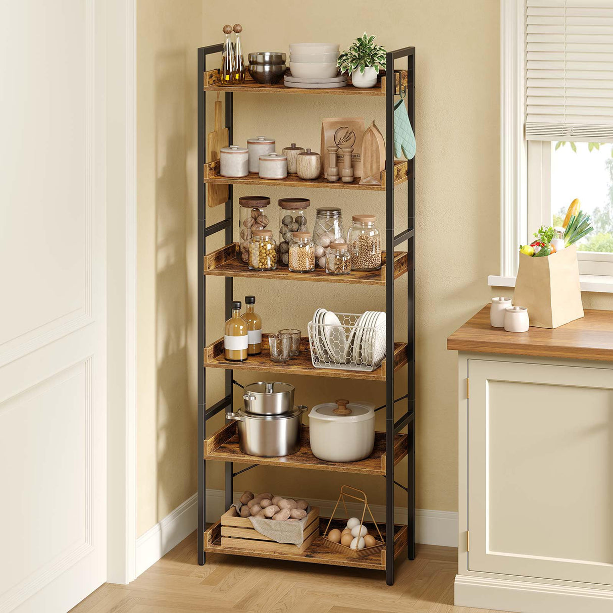 Rolanstar Bookshelf 6 Tier with 4 Hooks, Industrial Wood Bookcase, Vintage Storage Rack with Open Shelves, Rustic Standing Bookshelves Metal Frame Display Rack for Living Room, Bedroom, Rustic Brown Rolanstar
