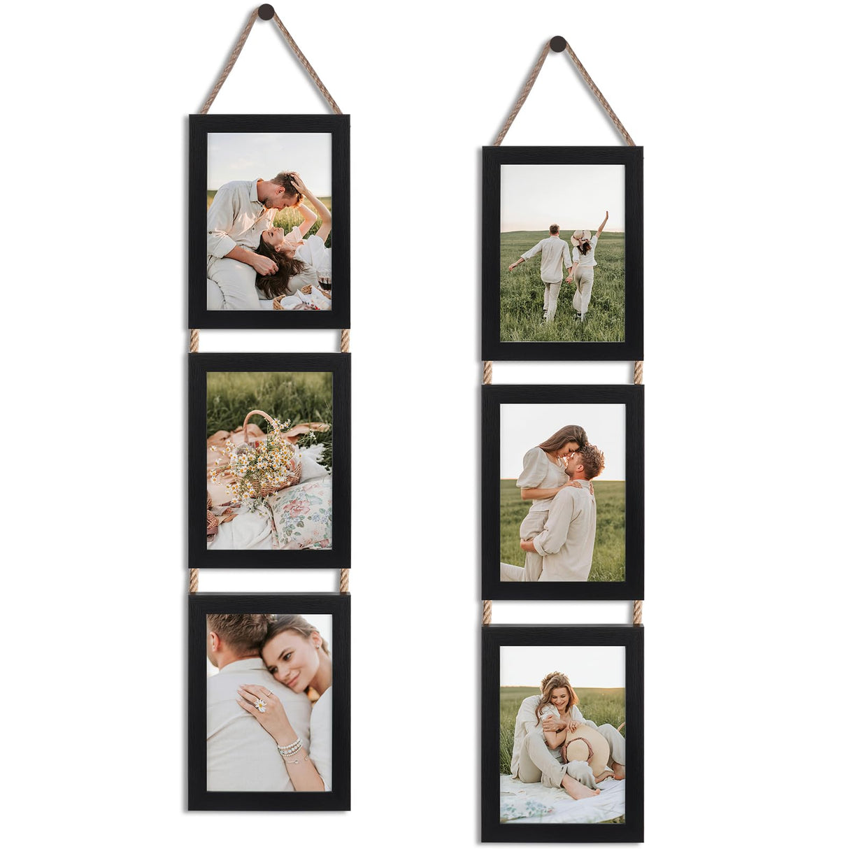 QUTREY 5x7 Collage Picture Frames Black, 3 Openings Vertical Hanging Photo Frame Set Display 5 by 7 inch Pictures for Wall Decor, 2 Pack QUTREY