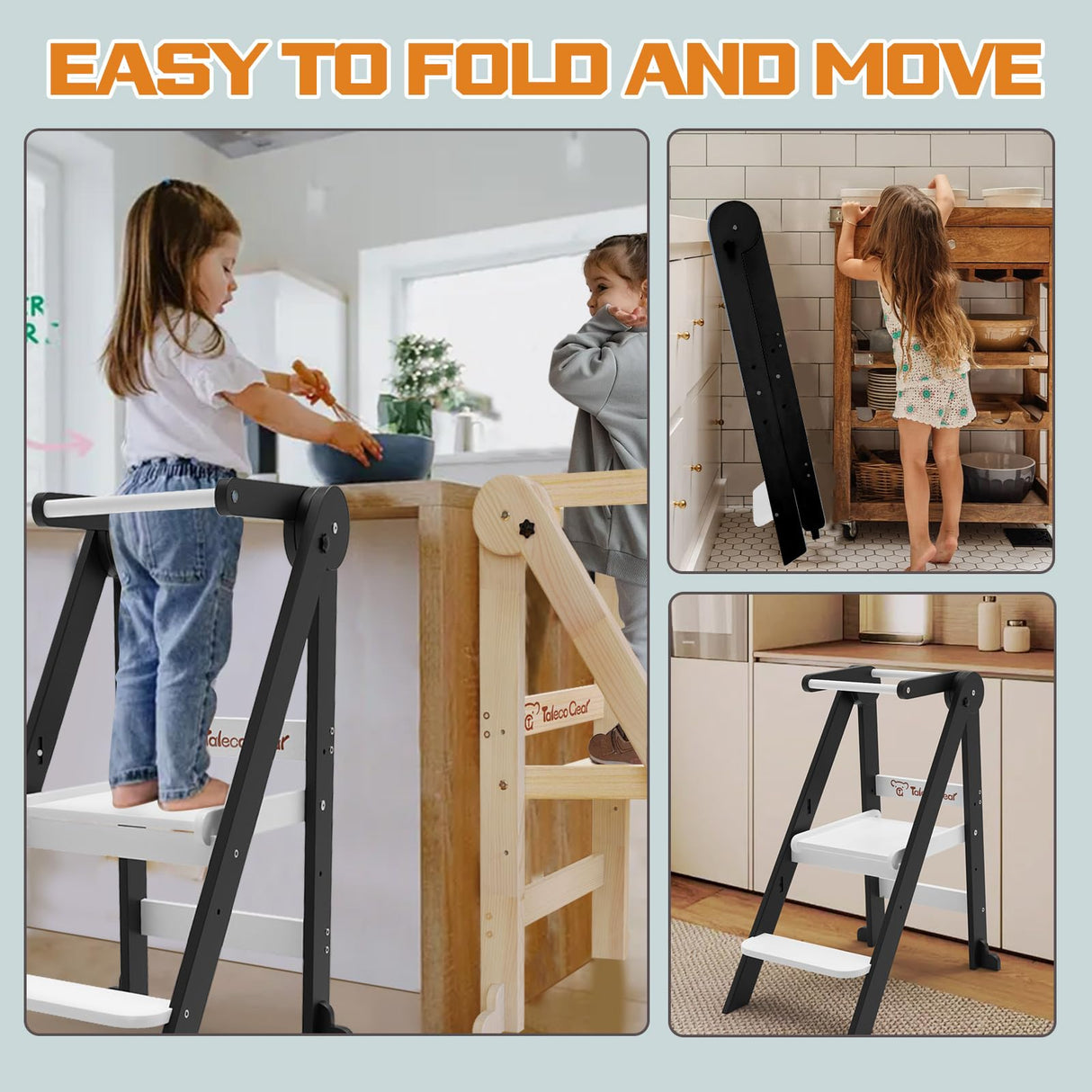 Foldable Toddler Kitchen Stool Helper, Toddler Tower with 3 Adjustable Height, Wooden Toddler Step Stool, Collapsible Toddler Tower, Toddler Stool for Kitchen and Bathroom CaMecequter