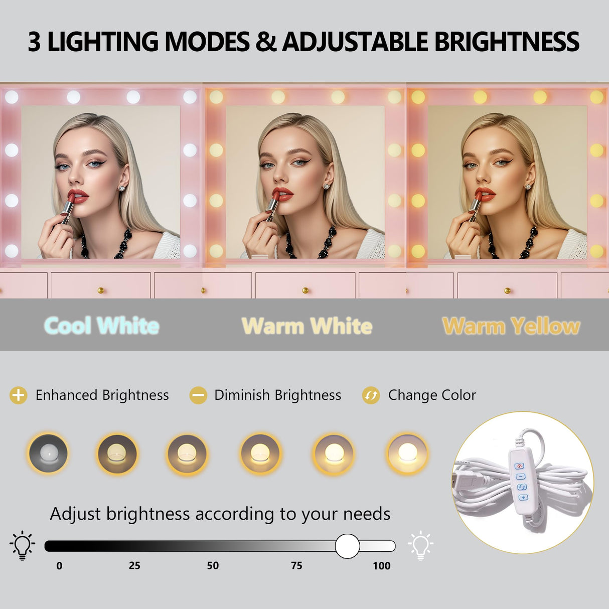 Makeup Vanity Desk with Mirror and Lights, Glass Top Vanity Table Set with Drawers & Power Outlet, Large Dressing Table with 3 Color Lighting Modes & RGB Cabinets for Women Girls Kids Bedroom, Pink Xixini