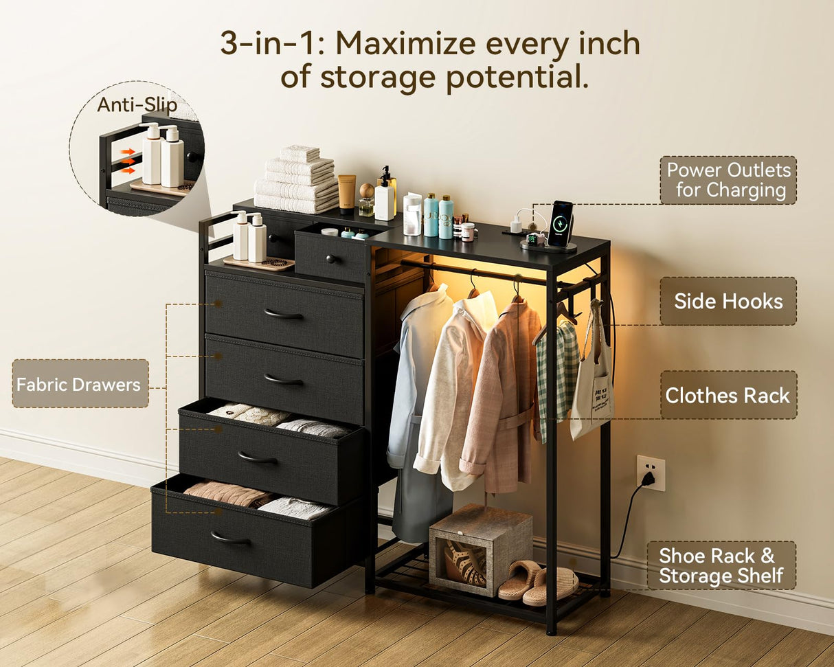KKL Dresser for Bedroom with Clothes Hanging Rack, Reversible Bedroom Dresser with Shoe Rack & 6 Fabric Drawers, 3-in-1 Storage Chest of Drawers with Led Lights & Charging Station for Closet, Black KKL