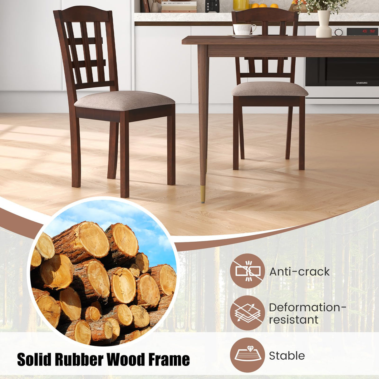 GOFLAME Wooden Dining Chairs Set of 4, Farmhouse Kitchen Side Chairs with Padded Seat & Ergonomic Backrest, Upholstered Dinnete Chairs with Rubber Wood Frame for Dining Room, Restaurant GOFLAME