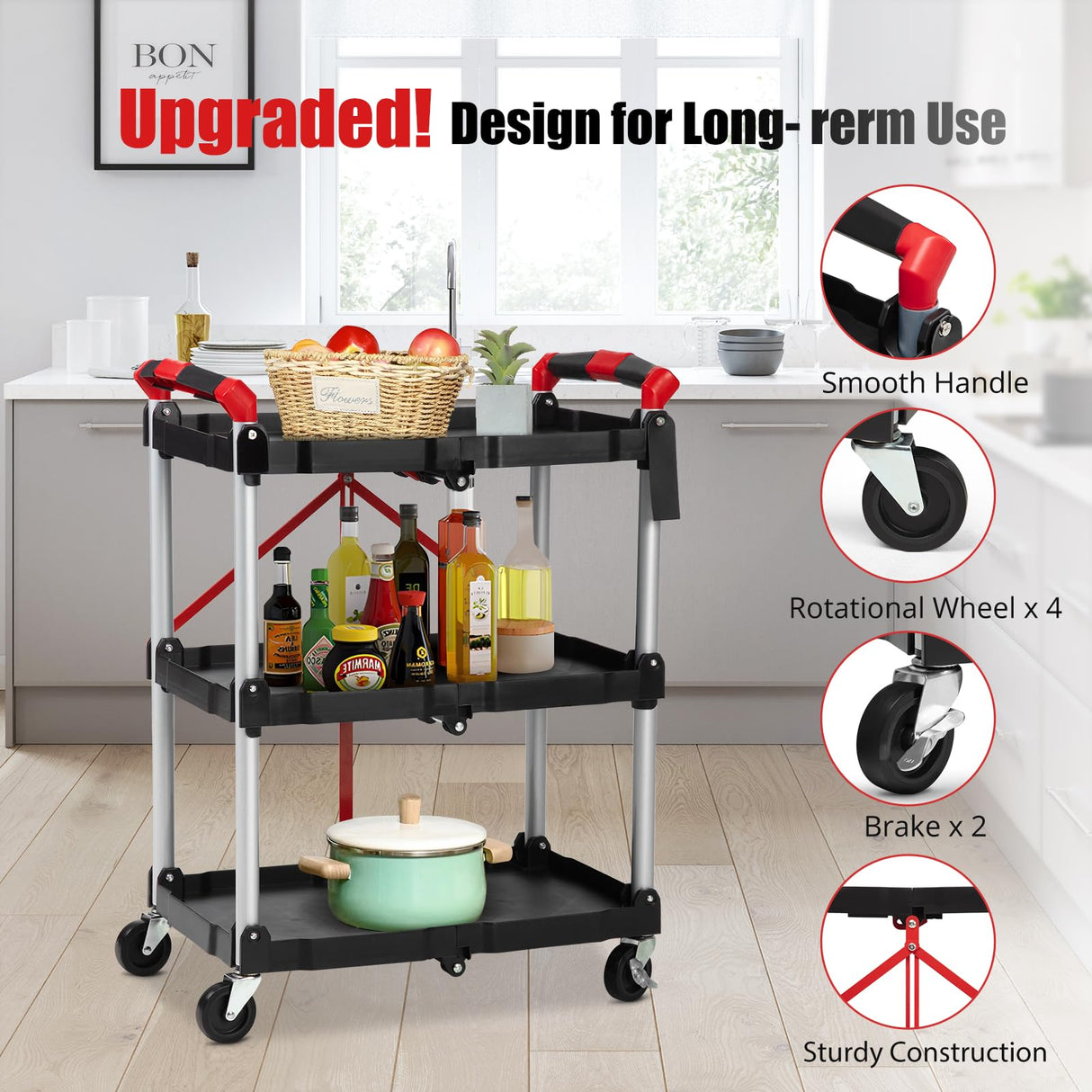 Collapsible Cart with Wheels, Service Cart, Rolling Carts with Wheels Foldable, 3 Tier Rolling Utility Cart, Folding Utility Shopping Cart for Bar, Kitchen, Office, Shopping, Garage PioneerWorks