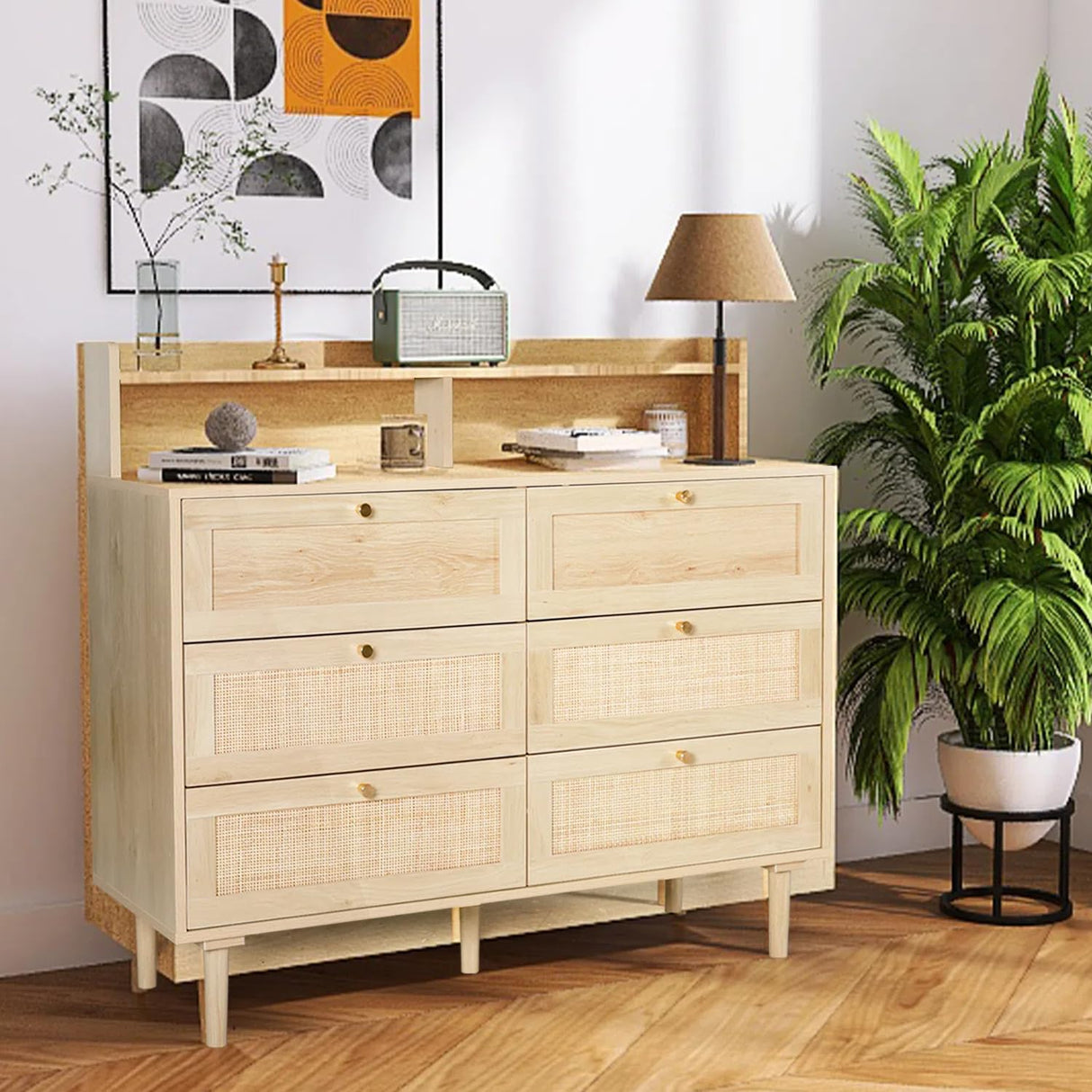 UNDUSLUY 6 Drawer Rattan Double Dresser for Bedroom with Shelves, Wood Chest of Dressers, Modern Dresser Chest with Charging Station for Closet, Living Room and Entryway, Natural UNDUSLUY