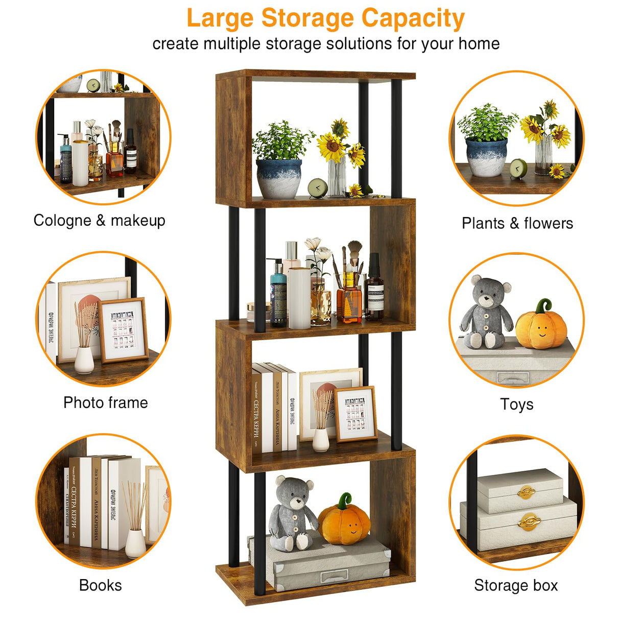 IBUYKE 5-Tier Tall Bookshelf,S-Shaped Geometric Bookcase, Wood Display Shelves with Storage,Industrial Bookshelf for Living Room Bedroom, Home Office, Rustic Brown WBC015H IBUYKE